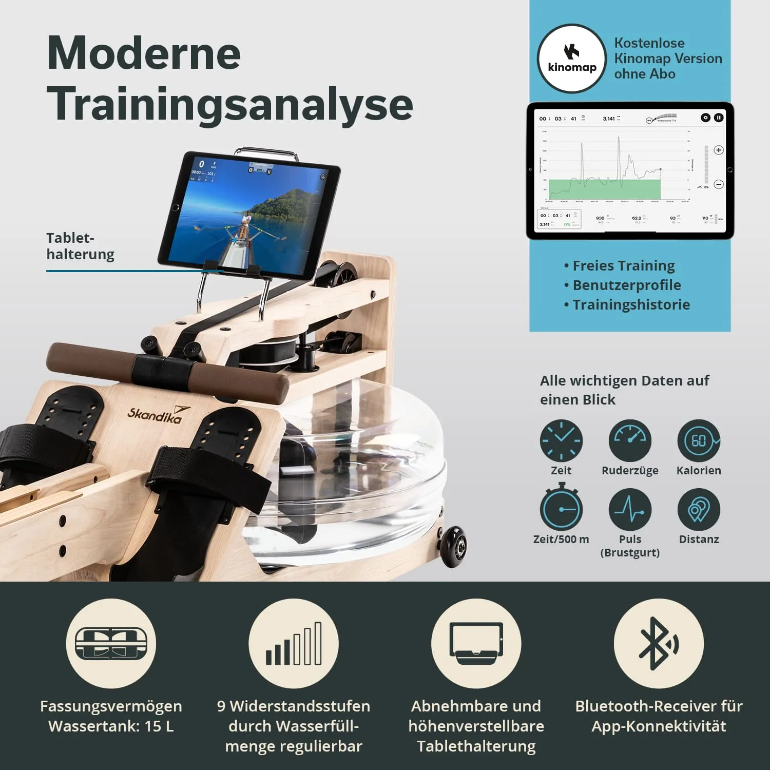 Rudergerät mit Tablet-Halterung, Wasserbehälter, Bedienanschlägen und Anzeige für Trainingsdaten. Elemente in neutralem Design.