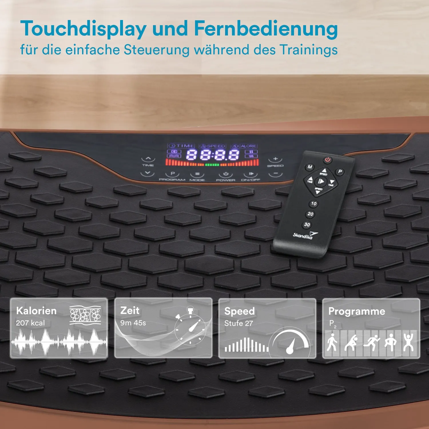 Touchdisplay und Fernbedienung auf einem Fitnessgerät. Anzeigen für Kalorien, Zeit, Geschwindigkeit und Programme sichtbar.