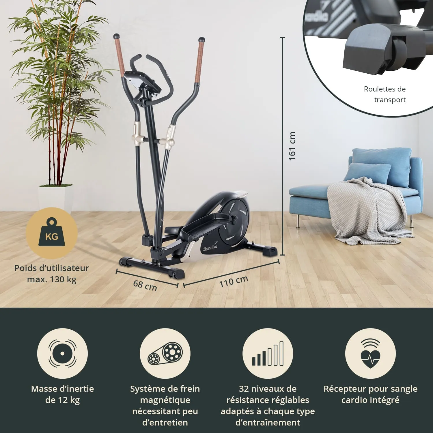Ellipsentrainer auf einem Holzboden, mit einem Sofa und einer Pflanze im Hintergrund. Maße und technische Details sind sichtbar.