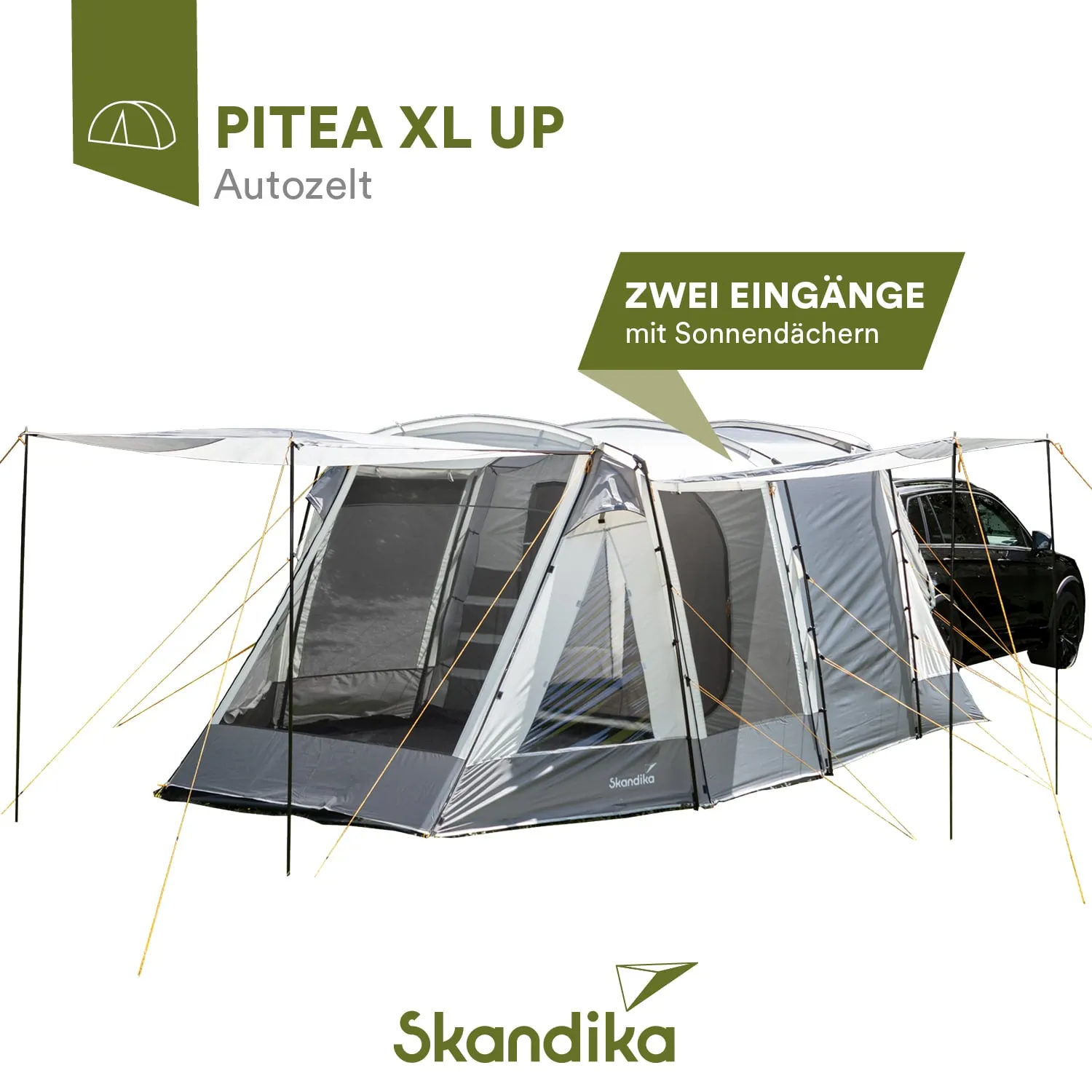 Autozelt PITEA XL UP in grau mit zwei Eingängen und Sonnendächern, Verankerungen und Auto daneben. Markenname Skandika.