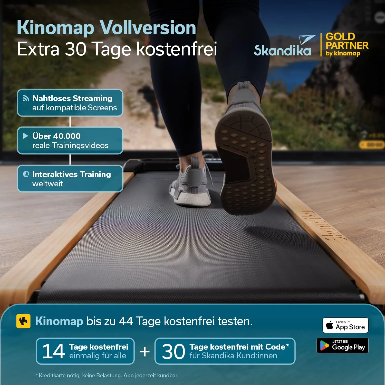 Auf dem Bild ist ein Teil eines Laufbands zu sehen, auf dem ein Fuß in einem Sportschuh abgebildet ist. Im Hintergrund befindet sich ein Monitor mit einer Landschaft. Textinformationen zur Kinomap-Vollversion und Testmöglichkeiten sind eingeblendet.