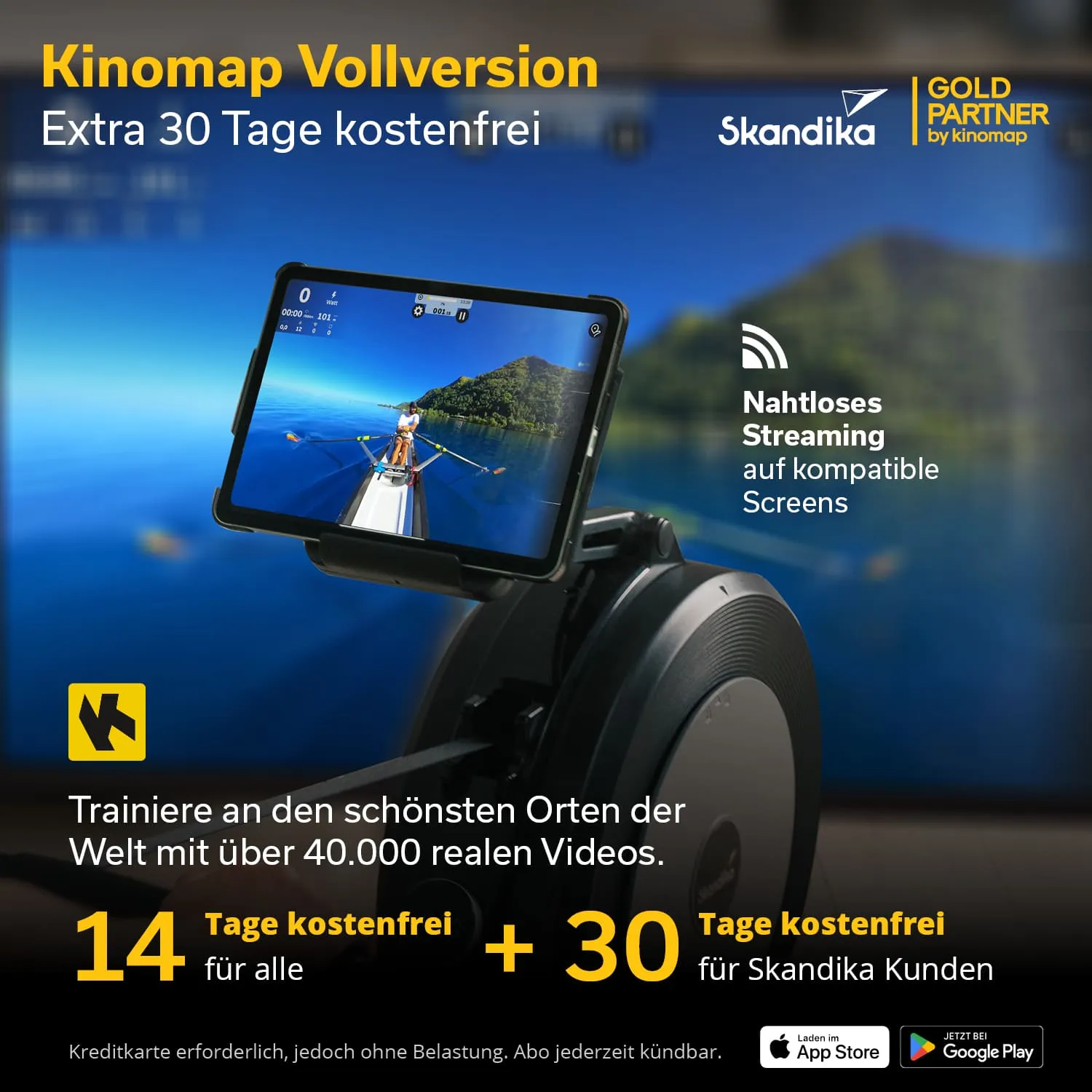 Ein Tablet ist auf einem Fitnessgerät montiert, zeigt eine Ruderumgebung mit einer Person im Boot. Text bietet kostenlose Testzeiträume an.
