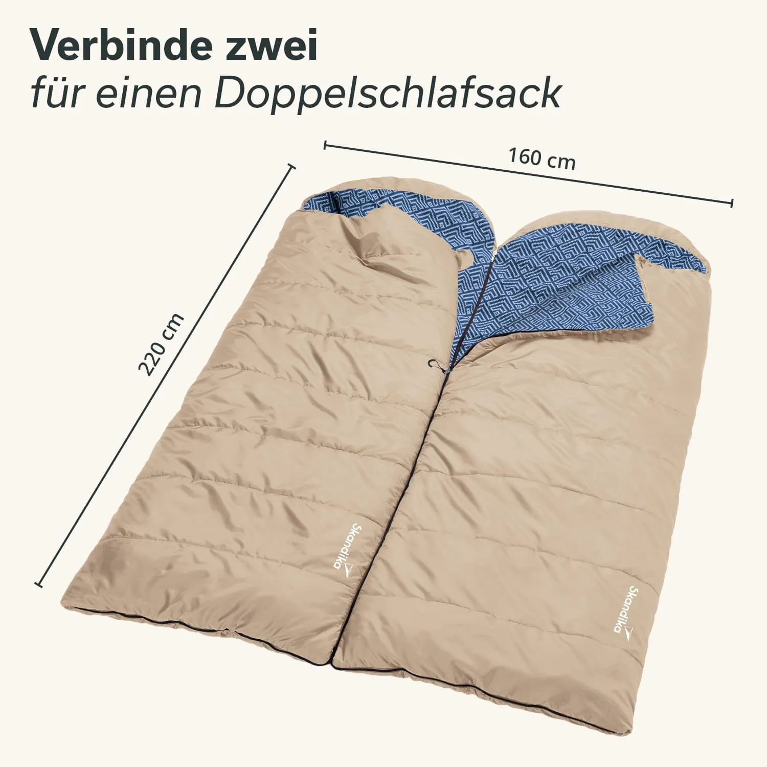 Zwei zusammengesetzte Schlafsäcke in Beige mit blauer, geometrischer Innenfläche, Maße: 220 cm x 160 cm.