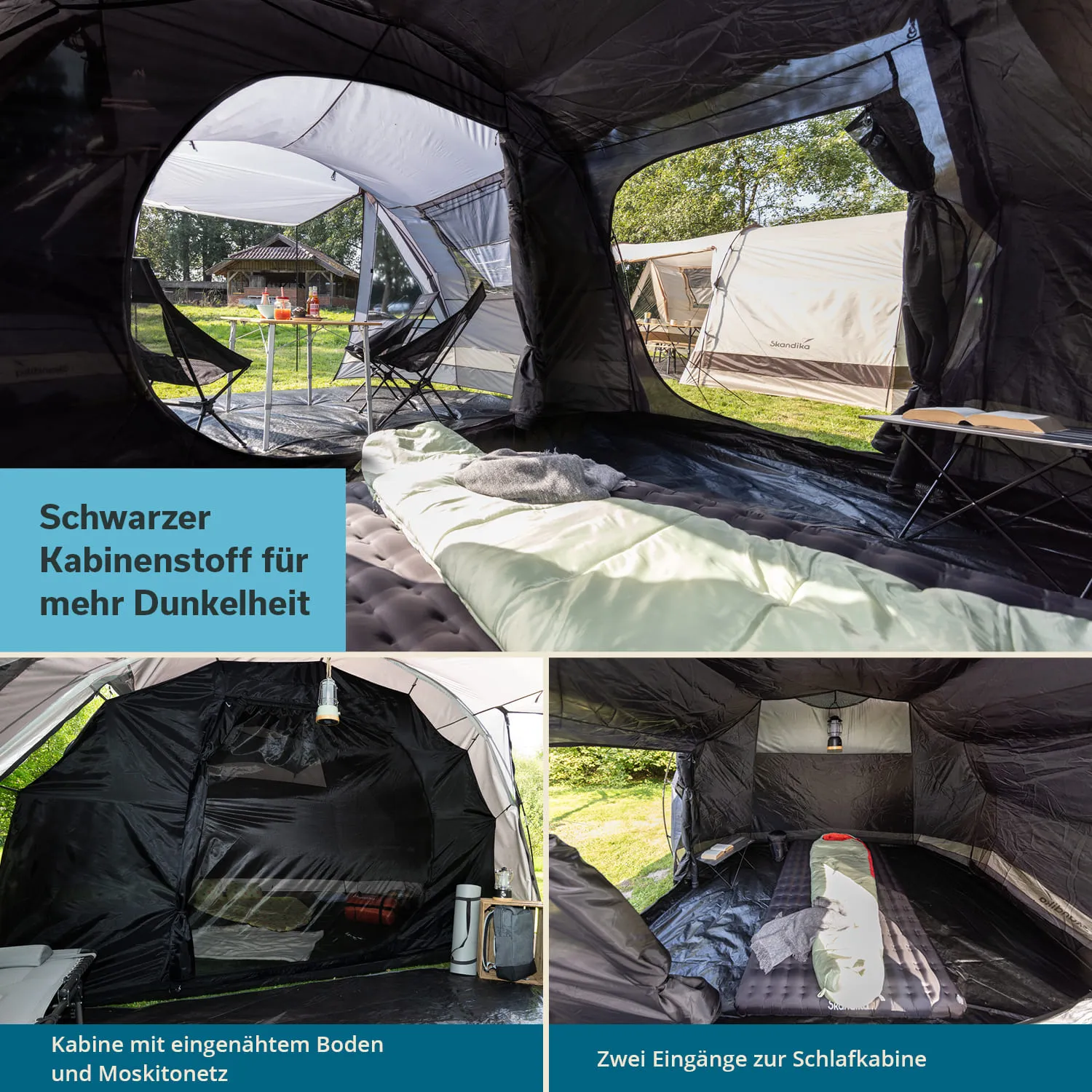 Zeltinnenansicht mit schwarzen Wänden, zwei Eingängen und einem Eingangsbereich. Schlafsack und Campingmöbel sichtbar.