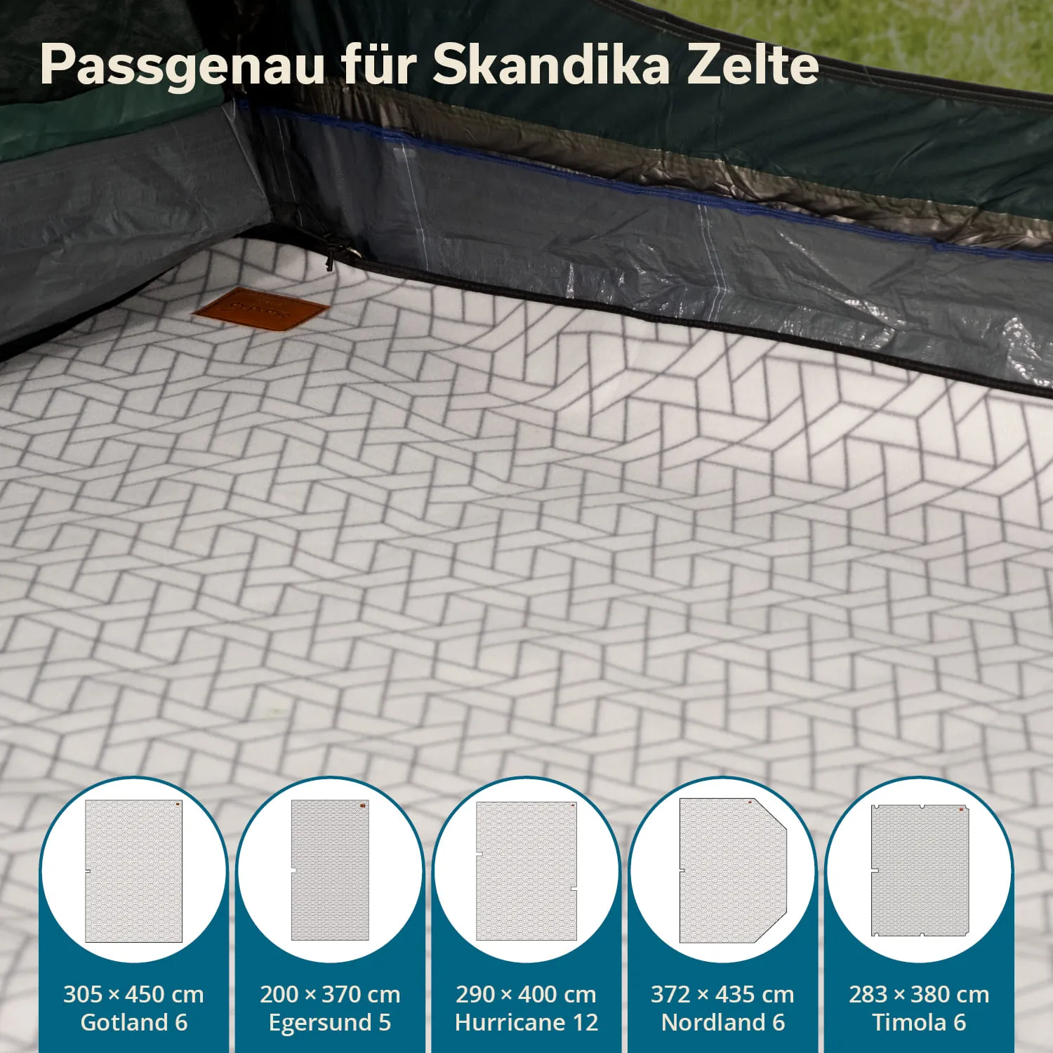 Zeltboden mit geometrischem Muster in einem Skandika Zelt, umgeben von Zeltwänden und Modellübersichten.