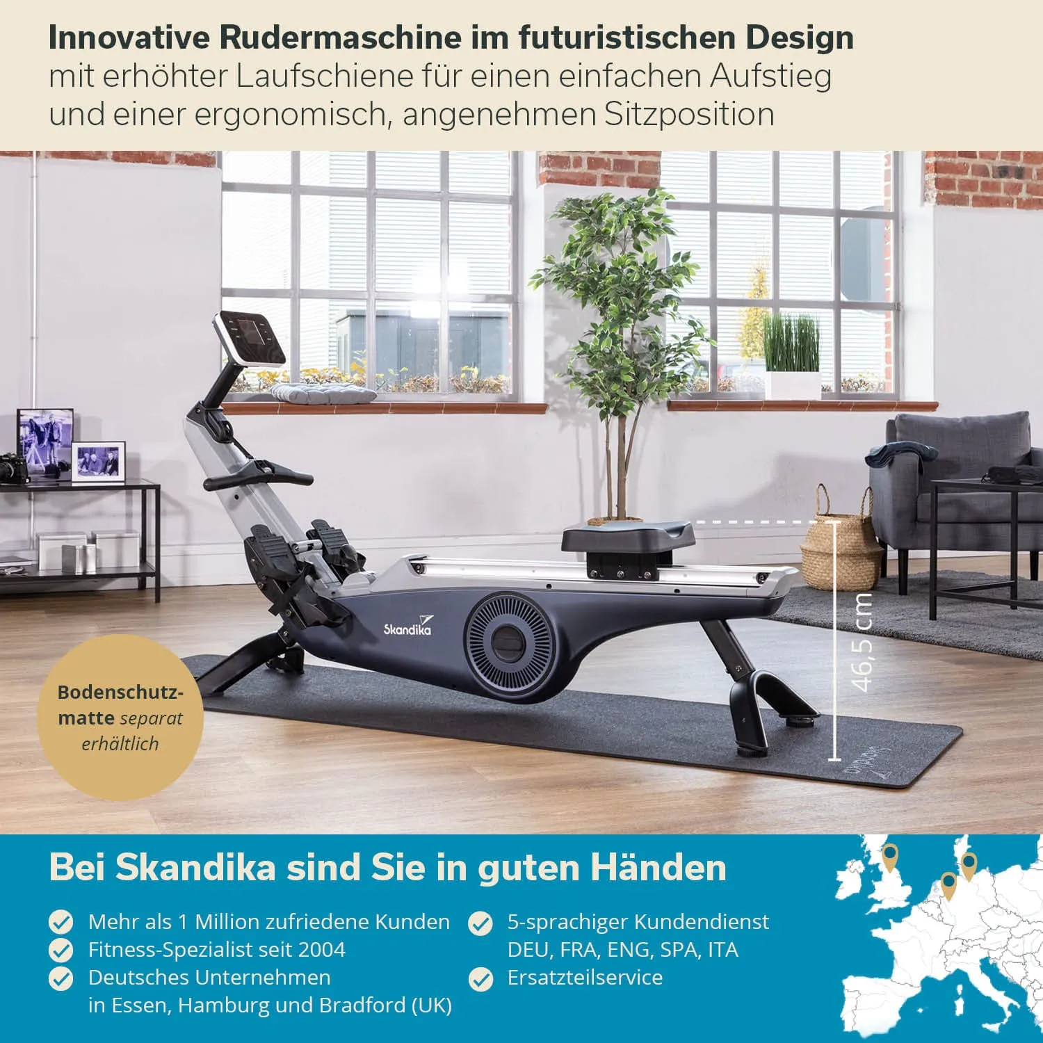 Rudermaschine in modernem Design, Fenster im Hintergrund, Pflanze, Teppich, Möbelstücke wie Sessel und Tisch.