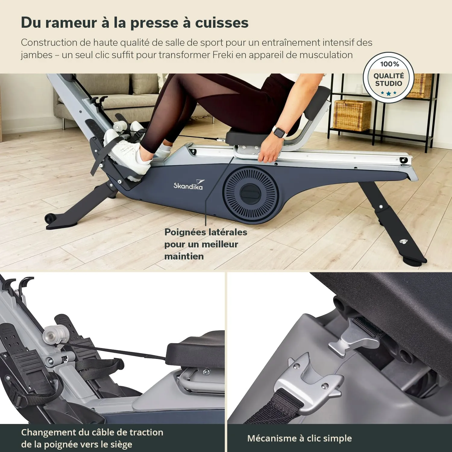 Fitnessgerät in einem hellen Raum, mit Fokus auf ein Rudergerät, Bedienelementen und der Sitzmechanik.
