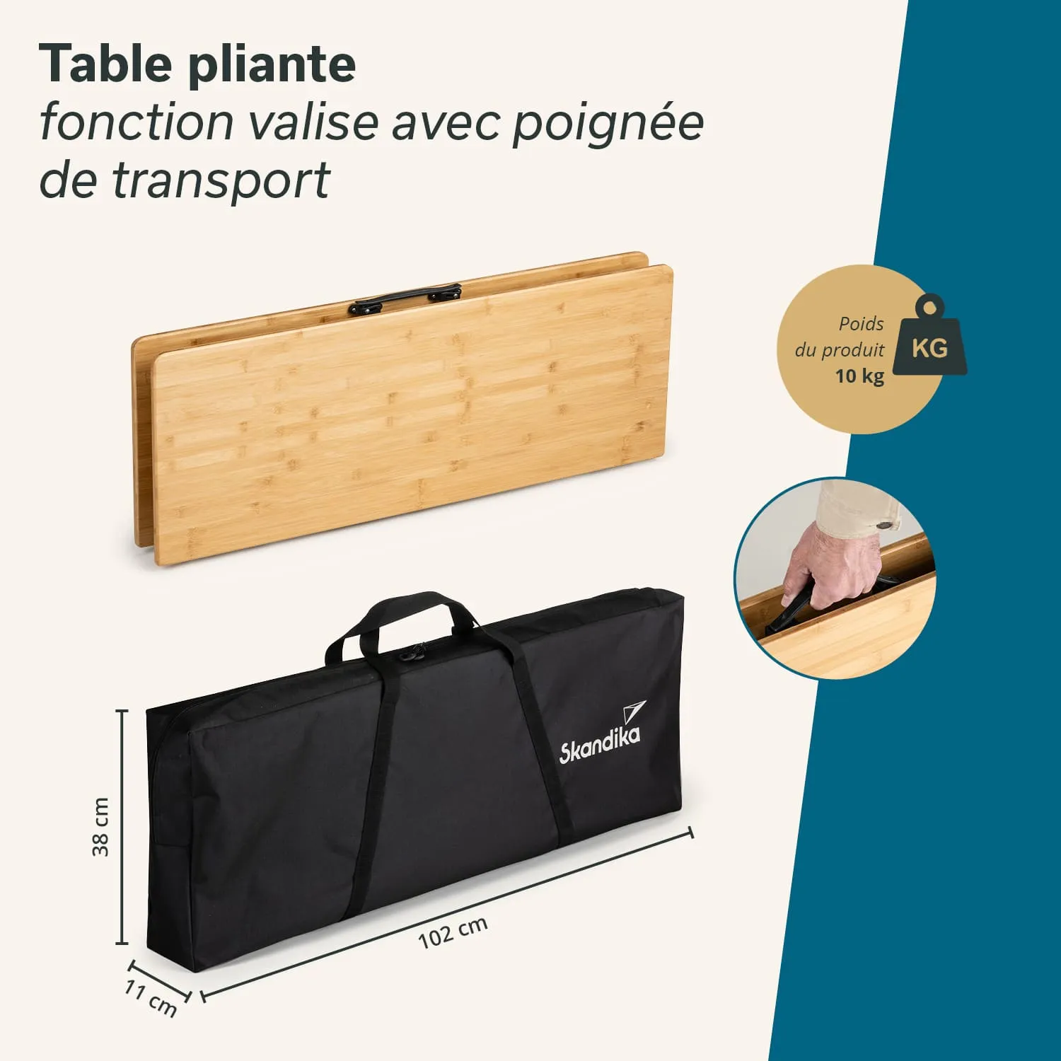 Klappbare Tischplatte aus Bambus, zusammengeklappt und in einer schwarzen Tragetasche. Maße der Tasche: 102 cm x 38 cm x 11 cm.