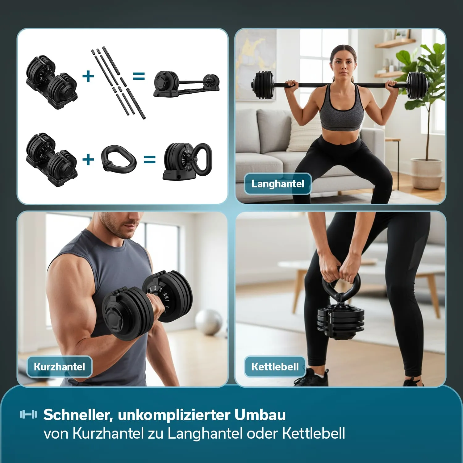 Verschiedene Fitnessgeräte sind abgebildet: eine Langhantel, Kurz- und Kettlebells. Personen nutzen diese Geräte im Innenraum.