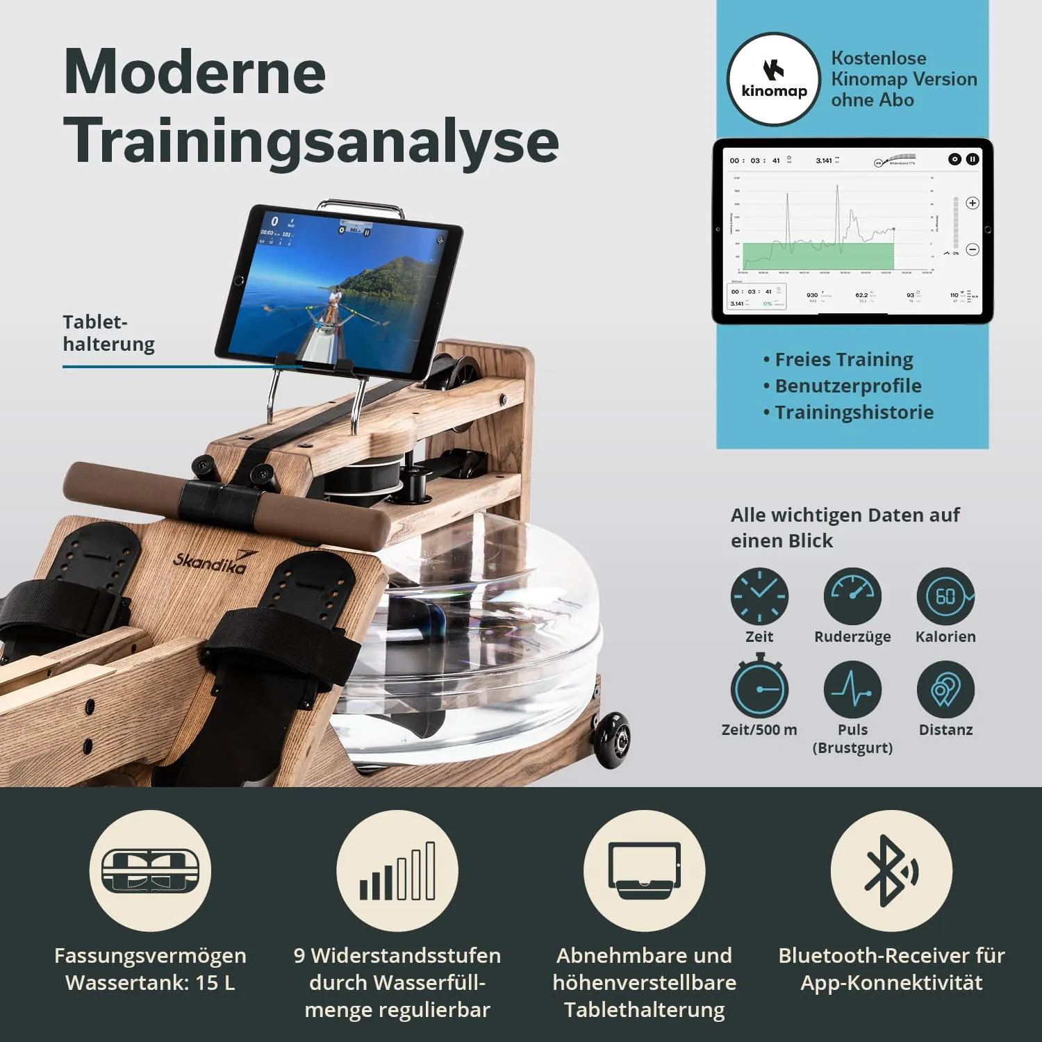 Wasser-Rudergerät aus Holz mit Tablet-Halterung. Anzeige wichtiger Trainingsdaten wie Zeit und Kalorien.