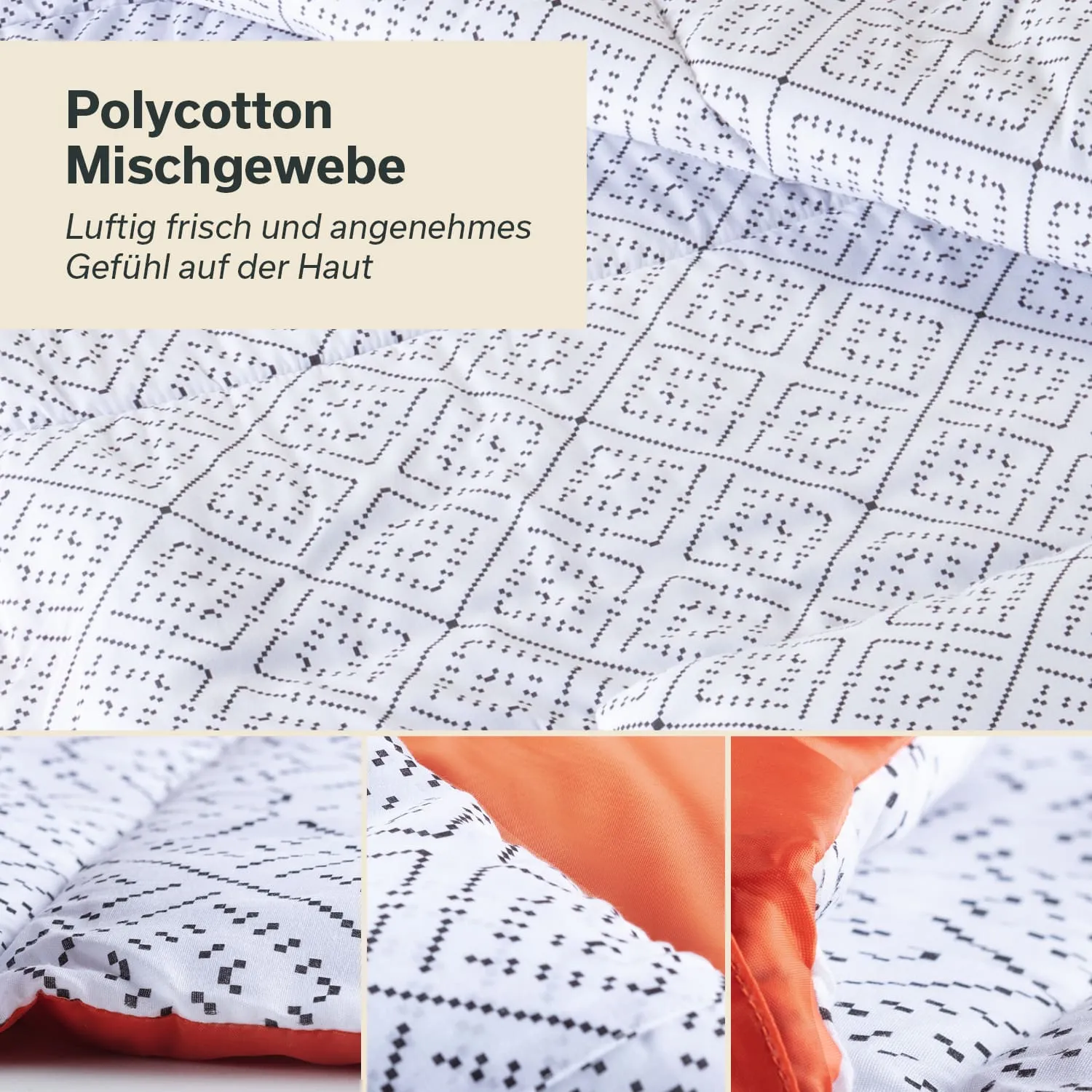 Polyester-Bettdecke mit weißem Stoff und schwarzer, quadratischer Musterung. Farbige, orange Akzente an den Kanten.
