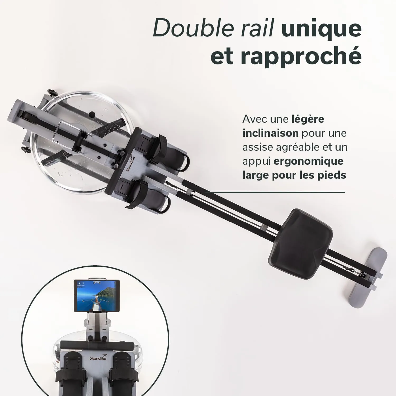 Wasser-Rudergerät mit einem abgerundeten Wassertank, Schlitten, Sitz, Fußstützen und Braided Straps. Smartphonehalterung sichtbar.