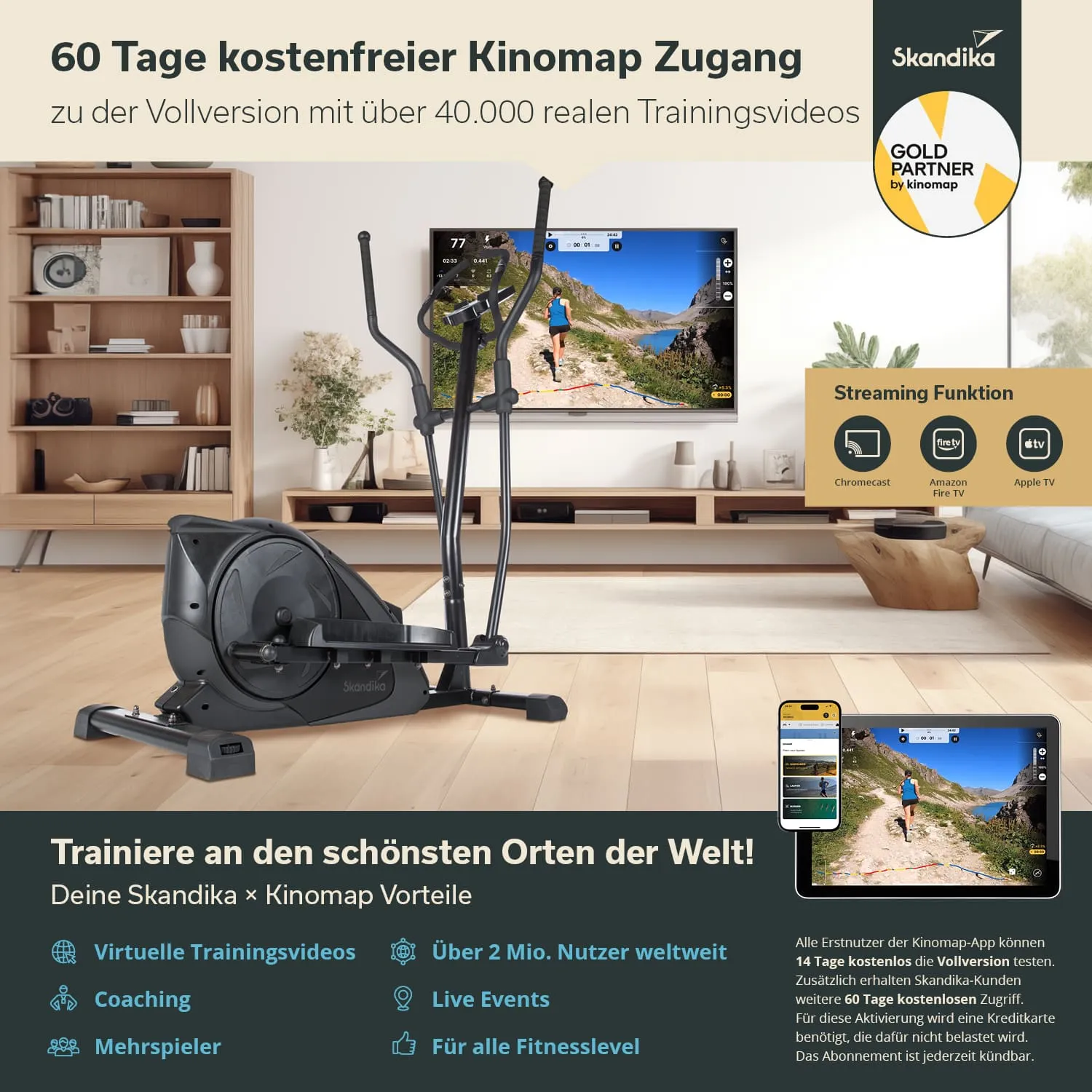 Ein Ellipsentrainer steht im Raum vor einem Fernseher. Der Bildschirm zeigt eine Trainingsumgebung mit einer Person. Möbel und Pflanzen sind im Hintergrund sichtbar. Text informiert über Kinomap-Zugang und Vorteile.