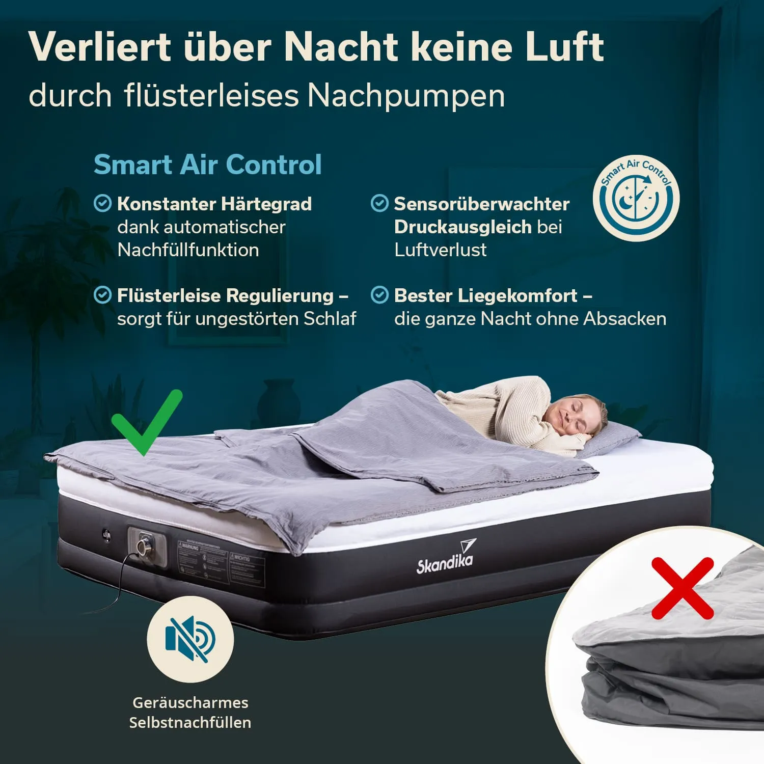 Luftmatratze mit grauem Bettzeug und einer Person, die schläft. Textinformationen zu Funktionen der Matratze.