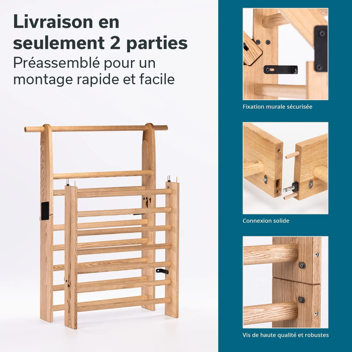 Ein Holzregal mit schlichten vertikalen und horizontalen Latten, zusammengebaut aus zwei Teilen. Neben dem Regal technische Details zur Montage und Sicherheit.