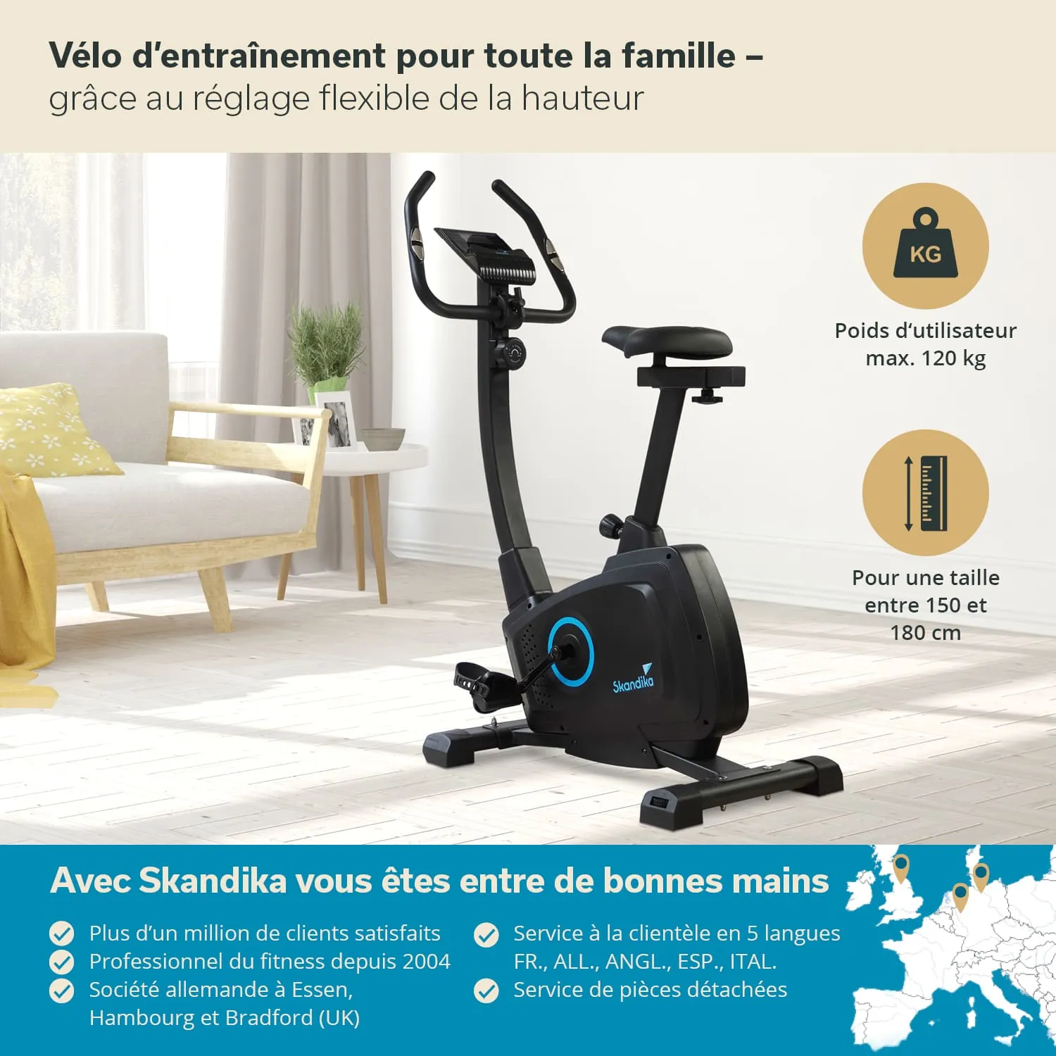 Fitnessbike in einem hellen Raum, Pflanzen und Sofa im Hintergrund. Betriebsmerkmale und Nutzungshinweise in Textform.