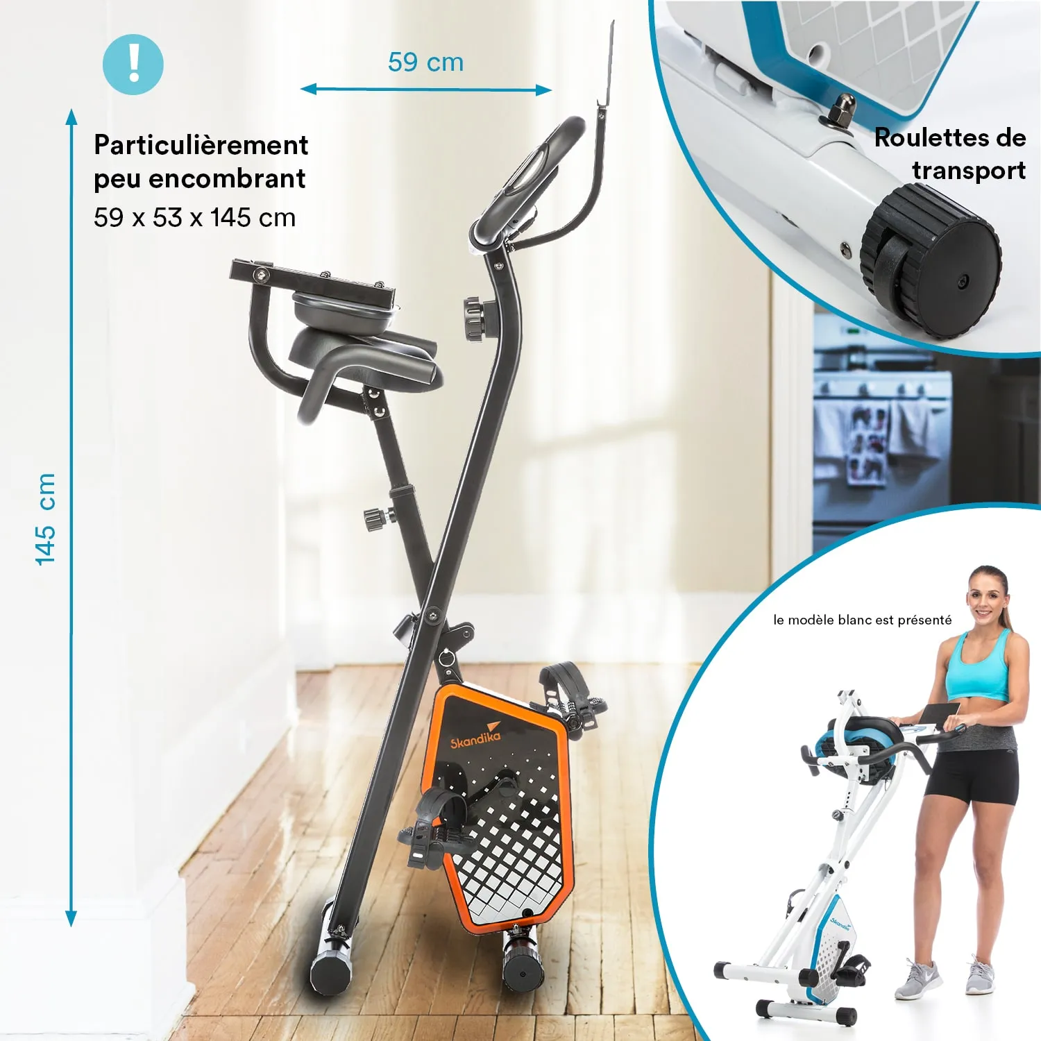 Faltbares Fitnessgerät mit Sitzelement, Handgriffen und Transportrollen. Maße: 59 x 53 x 145 cm. Holzfußboden im Hintergrund.