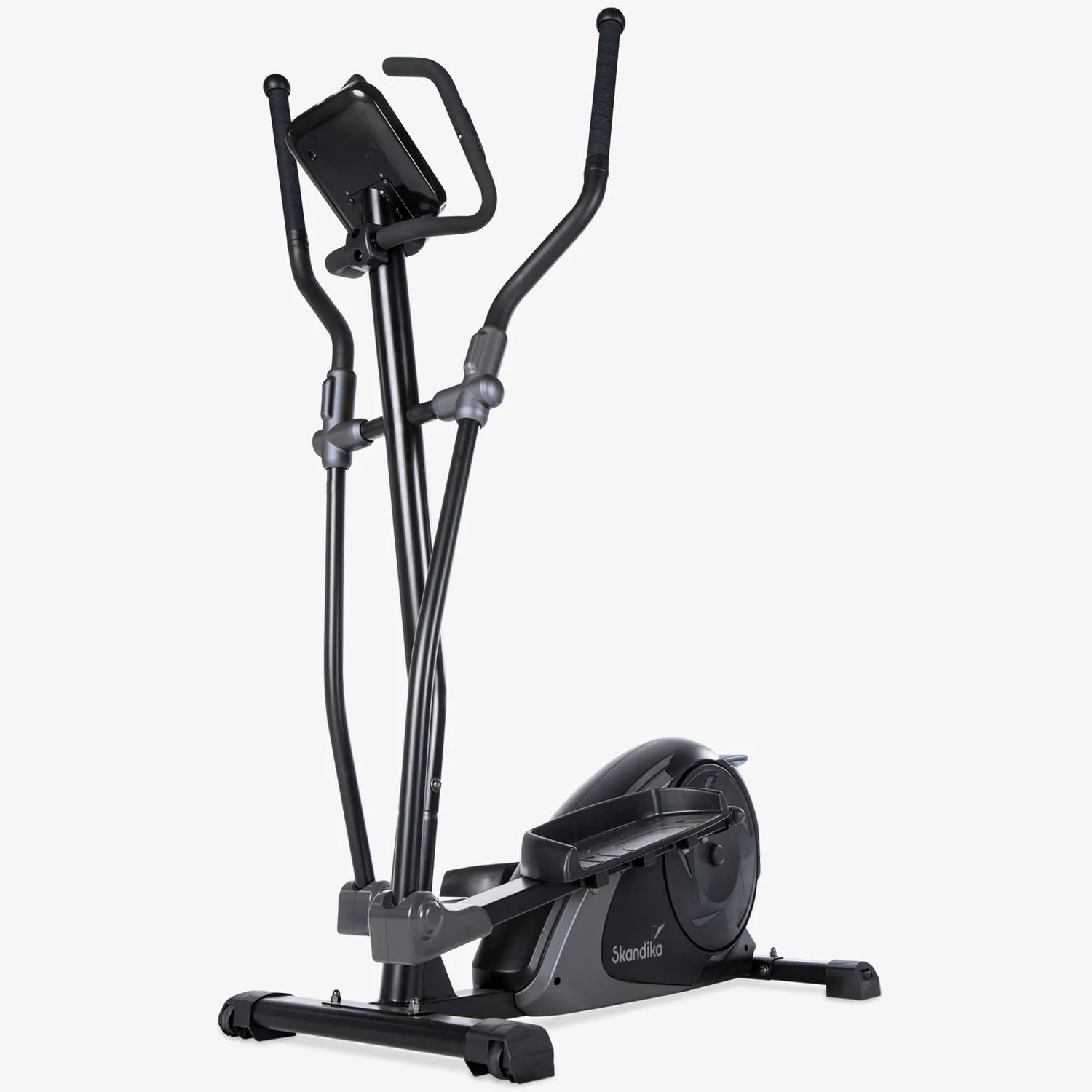 Ellipsentrainer in Schwarz mit Griffen, Pedalen und einem Displayhalter.