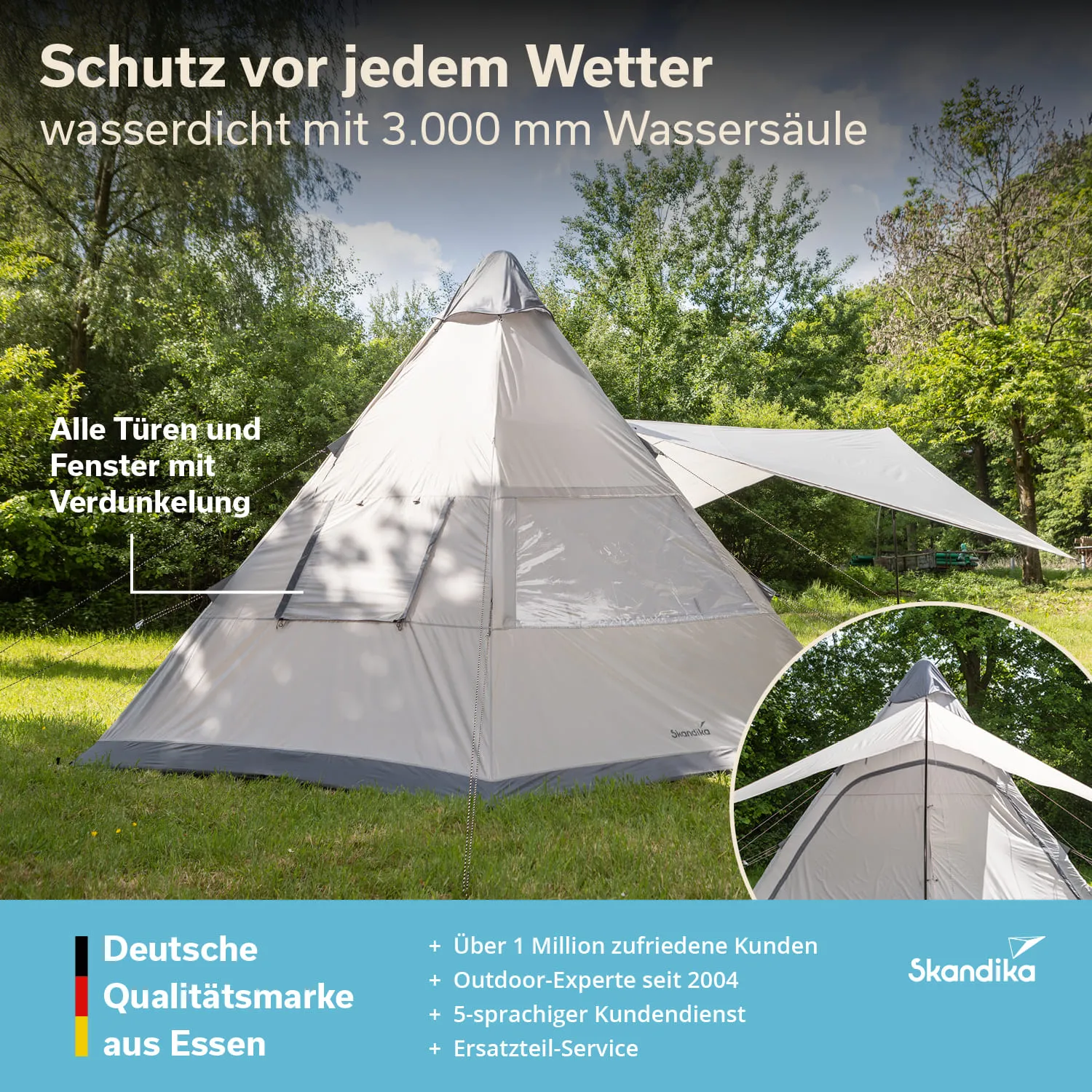 Zelt in Form eines Tipis mit wasserdichter Außenfläche steht auf einer Wiese, umgeben von Bäumen. Sonnenschein im Hintergrund.