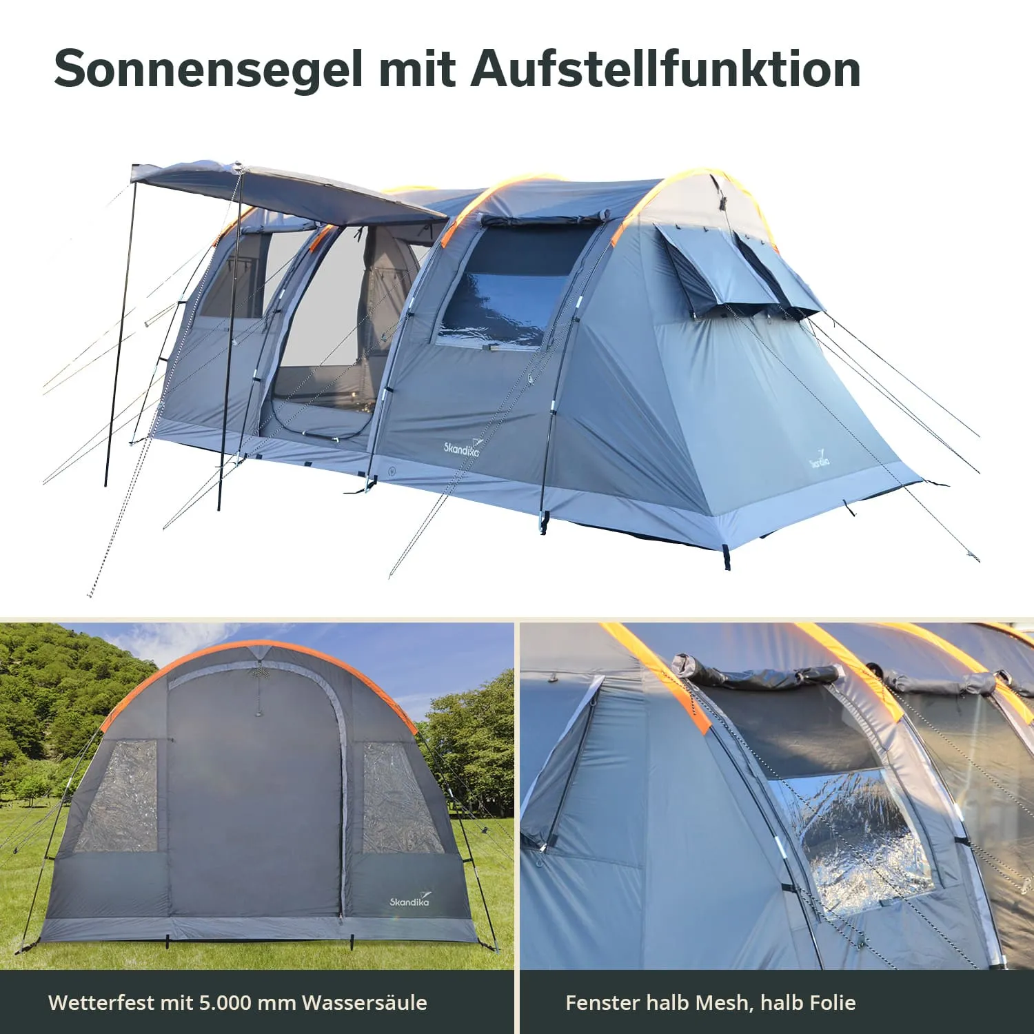Zelt in Grautönen mit Sonnensegel und transparenten Fenstern, auf einer Wiese. Unterteile zeigen Details.