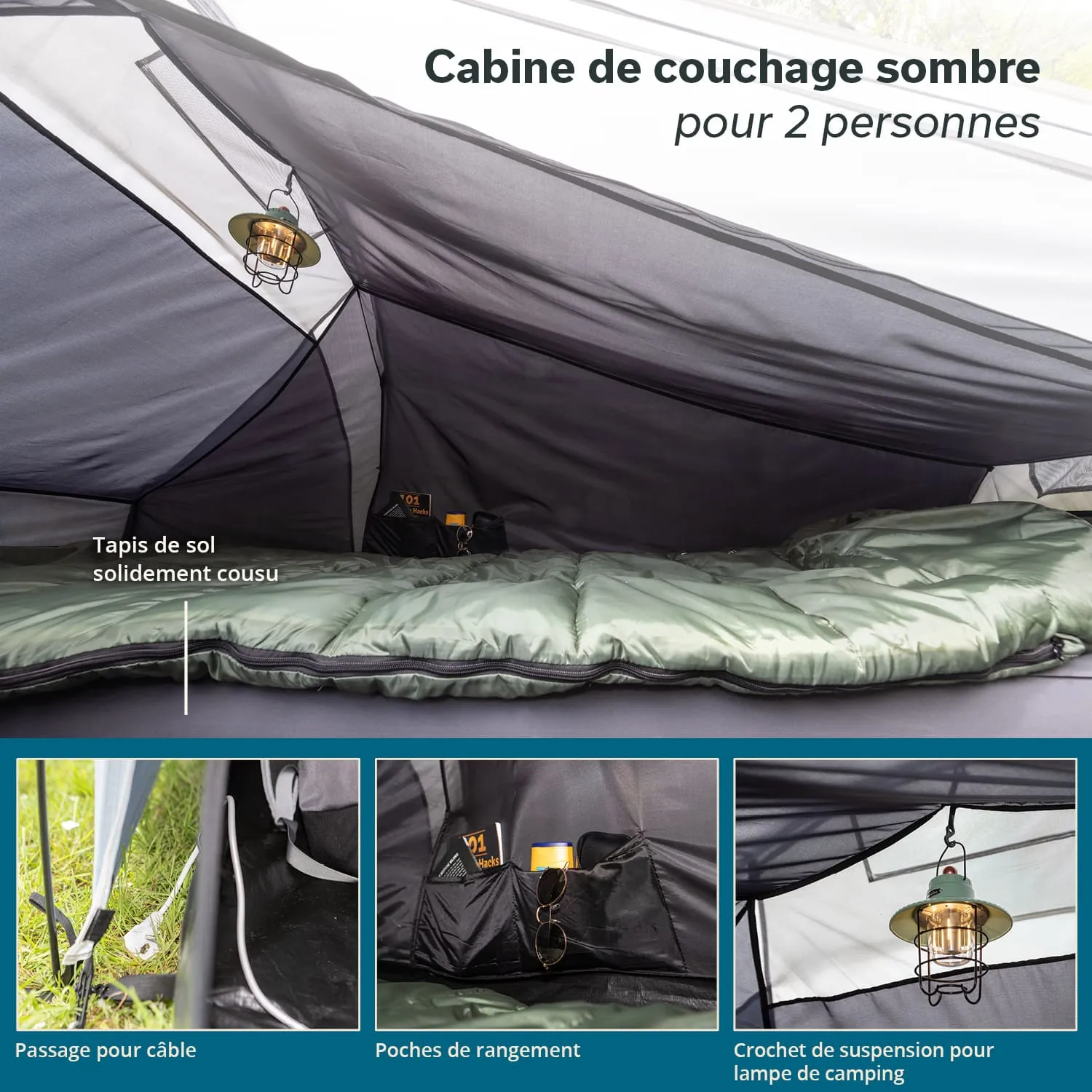 Zeltinnenansicht mit einem Schlafbereich für zwei Personen, einem dunkelgrünen Schlafsack, einer Lampe und Stauraum.