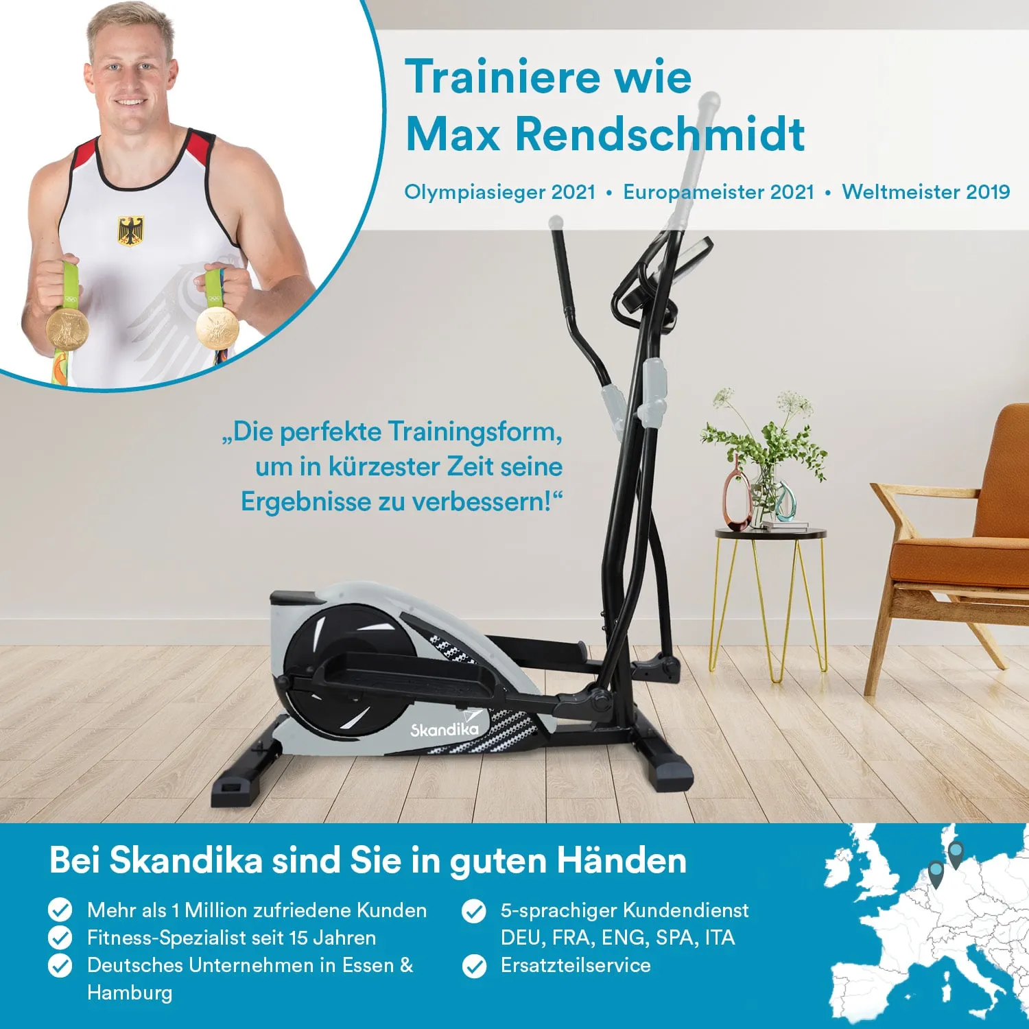 Ein Fitnessgerät (Ellipsentrainer) steht in einem modernen Raum. Links ist eine Person mit Medaillen im Sportanzug. Text beschreibt Training und Angebote.