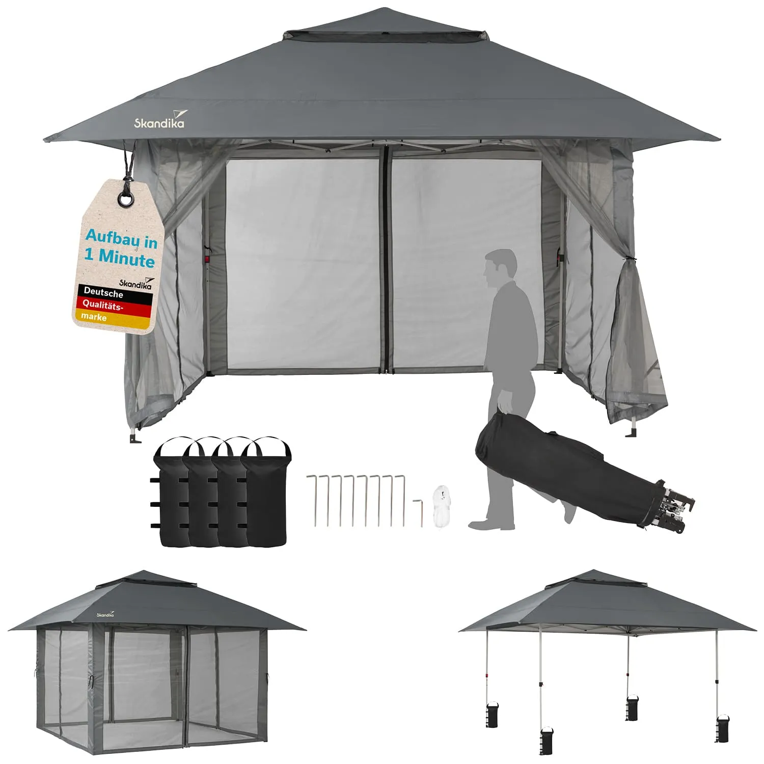 Ein graues Pavillon mit einem spitzen Dach, umgeben von vier Seitenwänden. Auf der linken Seite ein Etikett mit der Aufschrift „Aufbau in 1 Minute“. Daneben ist eine Person zu sehen, die ein zusammengepacktes Pavillon trägt.