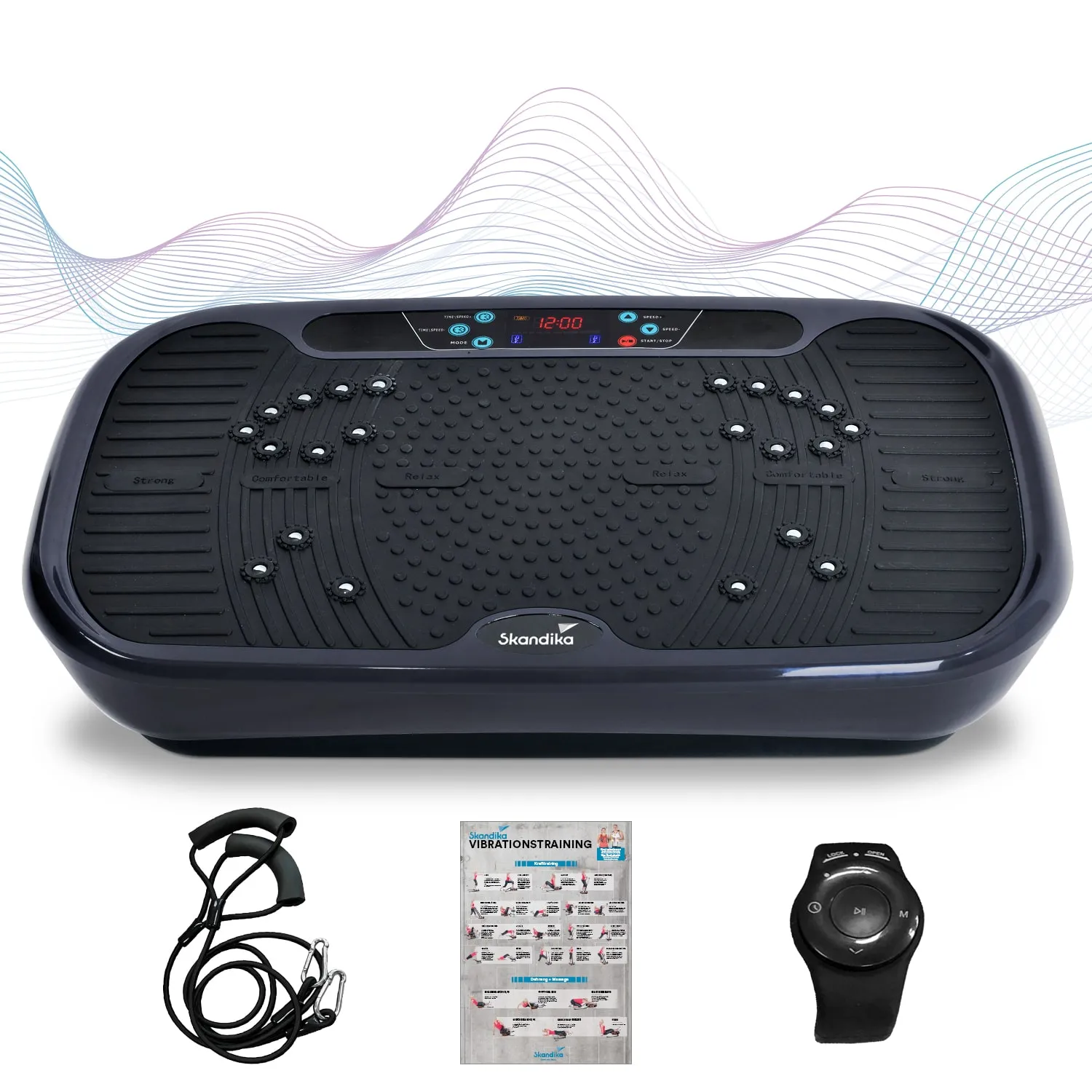 Vibrationsgerät in Schwarz mit Gummimatte, Steuerpanelen, Übungsanleitung und einer Sportuhr.