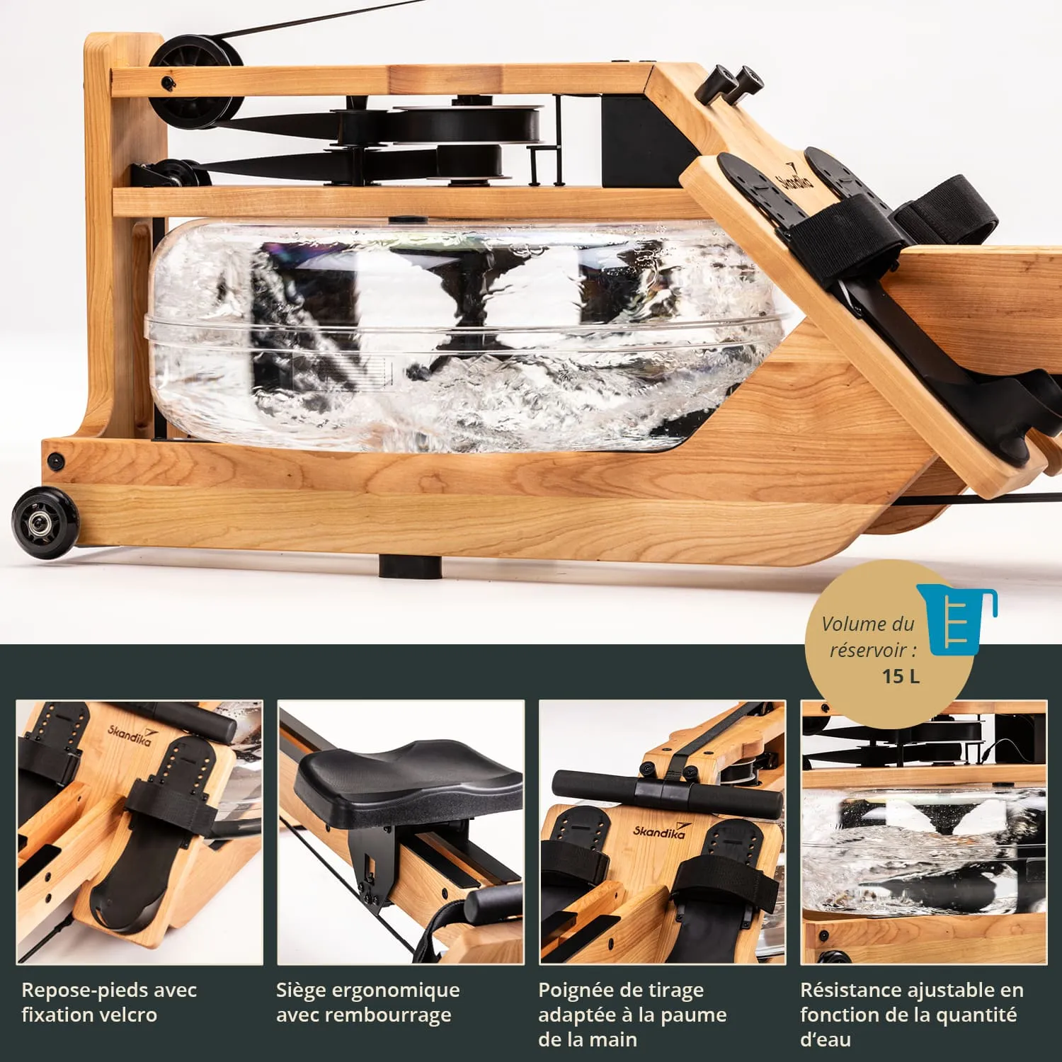 Rudermaschine aus Holz mit transparentem Wassertank. Ergonomischer Sitz, Fußstütze mit Velcro-Befestigung und verstellbarem Widerstand.