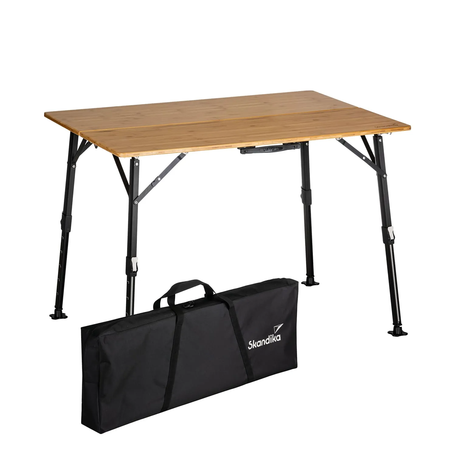 Klappbarer Tisch mit einer Holzoberfläche und schwarzem Gestell, daneben eine Tragetasche für den Tisch.