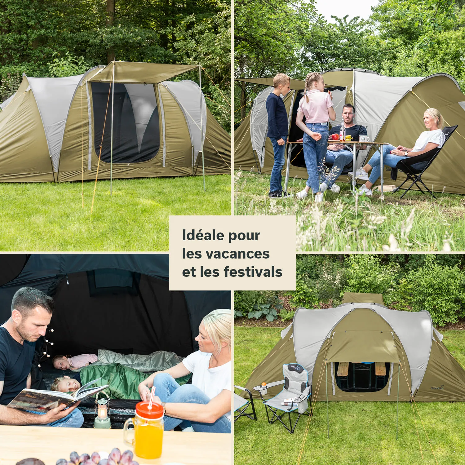 Zelt in der Natur, umgeben von Bäumen. Zwei Ausschnitte zeigen Personen beim Entspannen, Essen und Lesen.