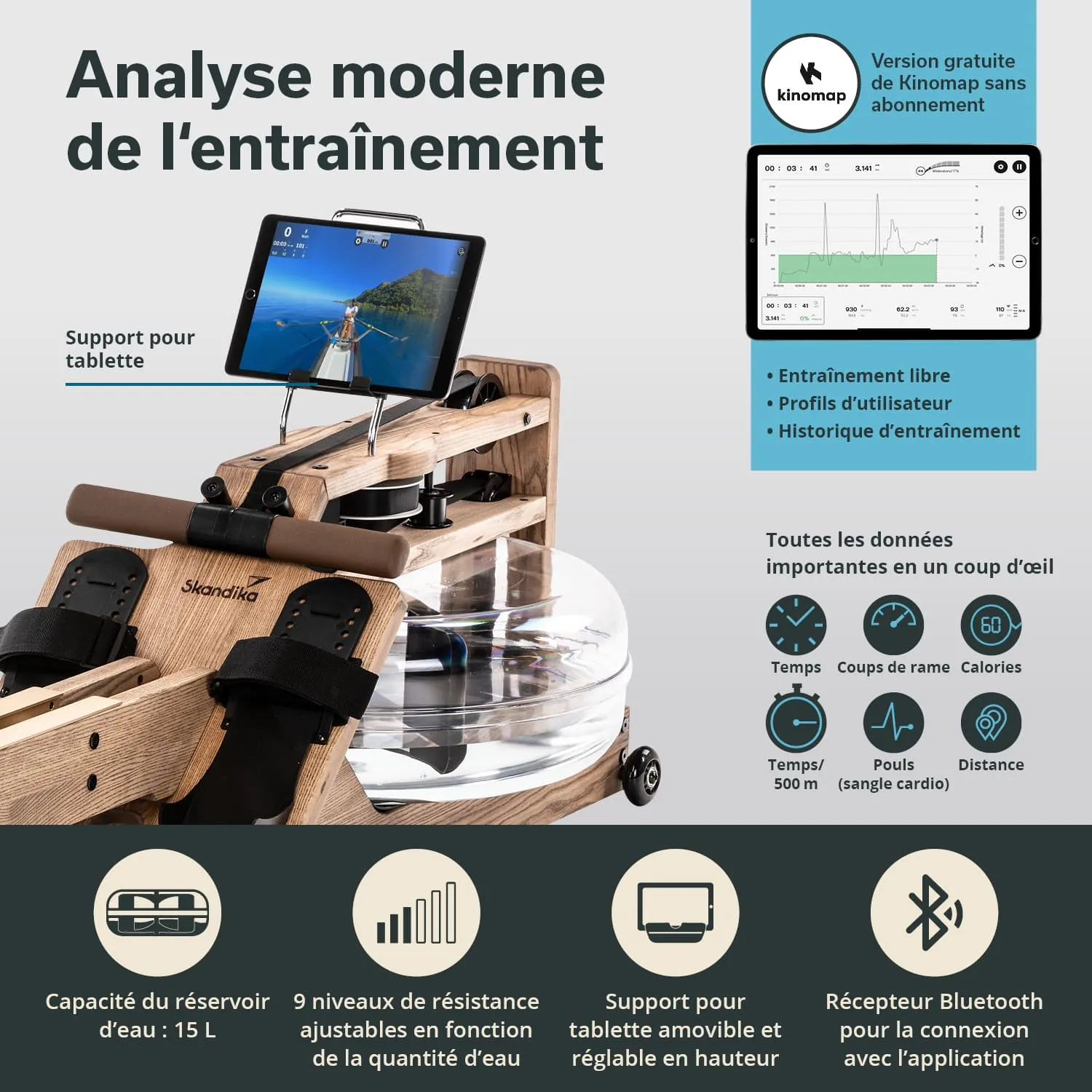 Wassertretgerät mit Holzrahmen, Tablet-Halterung und transparentem Wassertank. Informationen und Funktionen sind abgebildet.