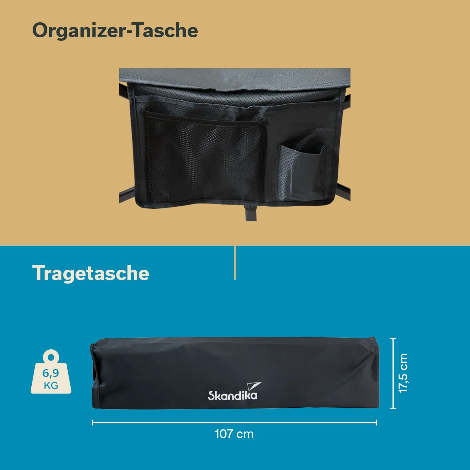 Organizer-Tasche mit mehreren Taschen in Schwarz oben, darunter eine Tragetasche mit Maßangaben und dem Logo von Skandika.
