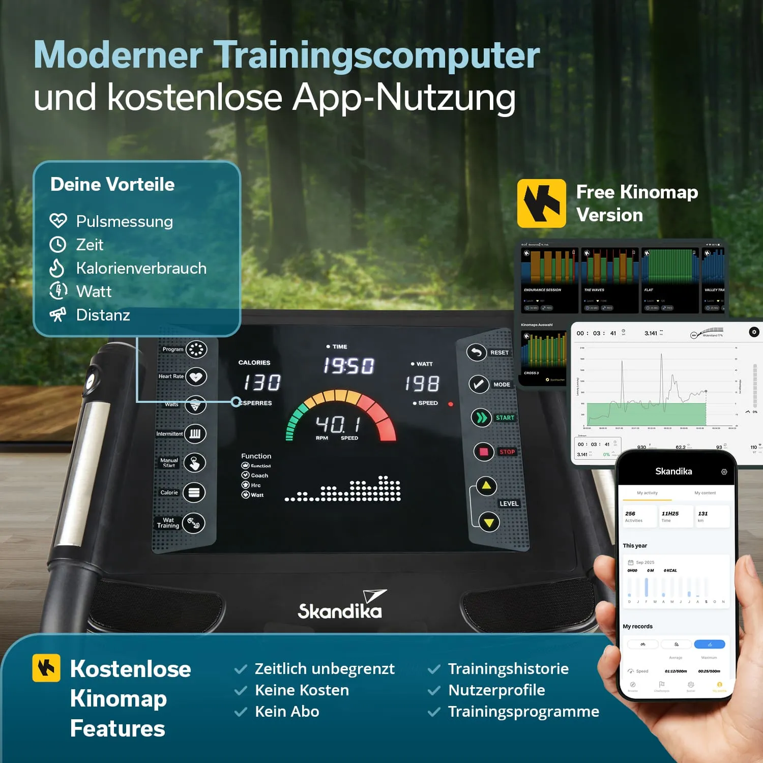 Moderer Trainingscomputer mit Display zur Anzeige von Puls, Zeit, Kalorienverbrauch, Watt und Distanz. Smartphone-App mit Kinomap-Funktionen.