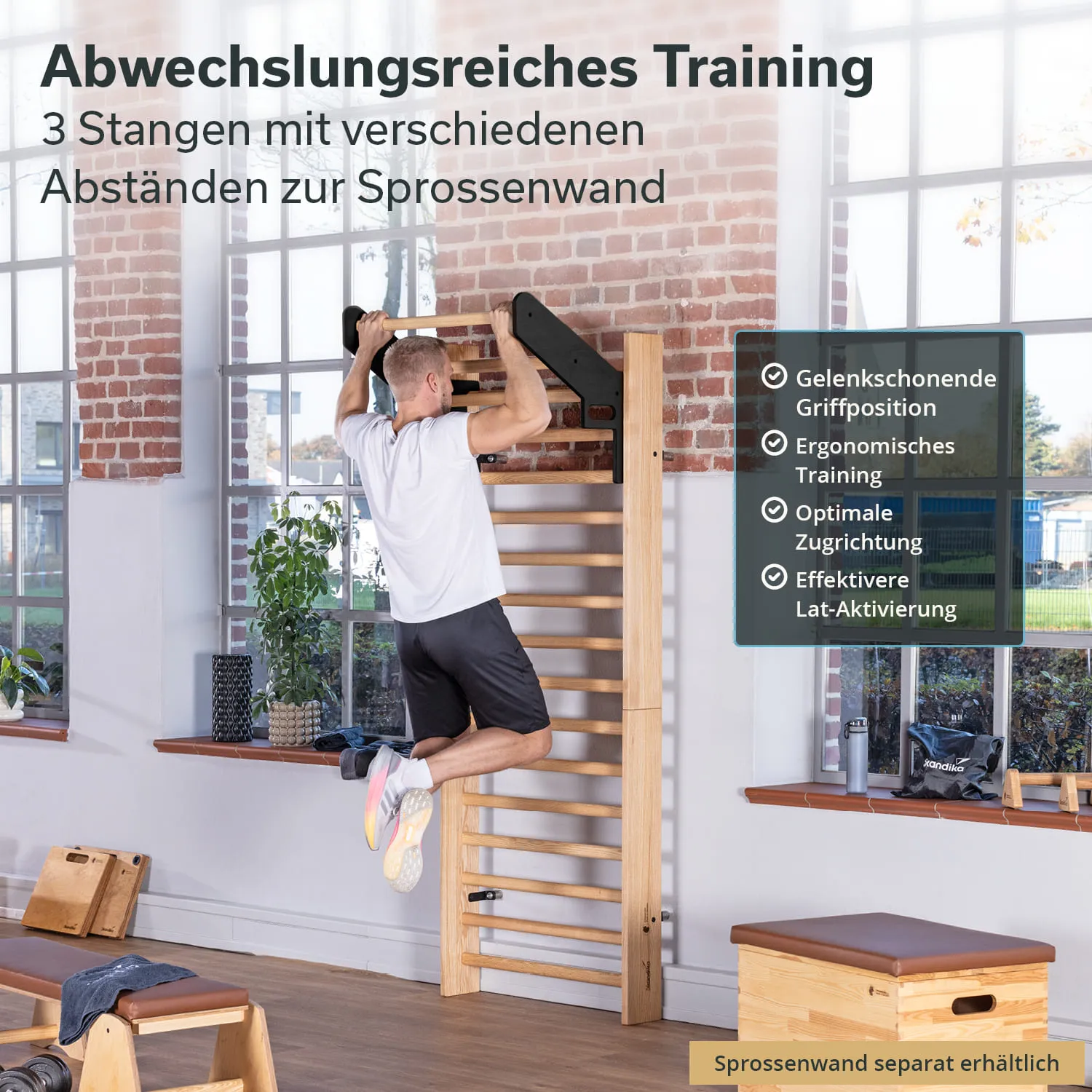 Mann führt Klimmzüge an einer Sprossenwand aus. Der Raum hat große Fenster und Holzdetails. Eine Bank und Hanteln sind sichtbar.