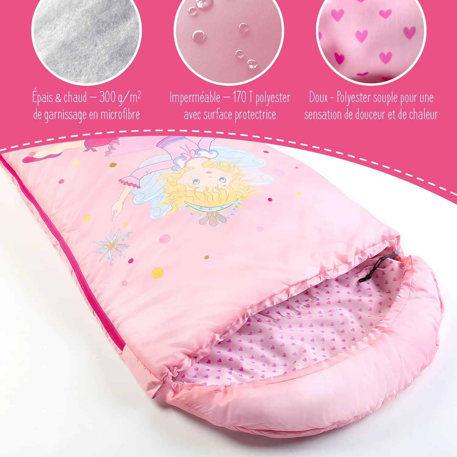 Ein rosa Schlafsack mit einer Fee und bunten Punkten auf der Außenseite. Innen mit kleinen Herzen.