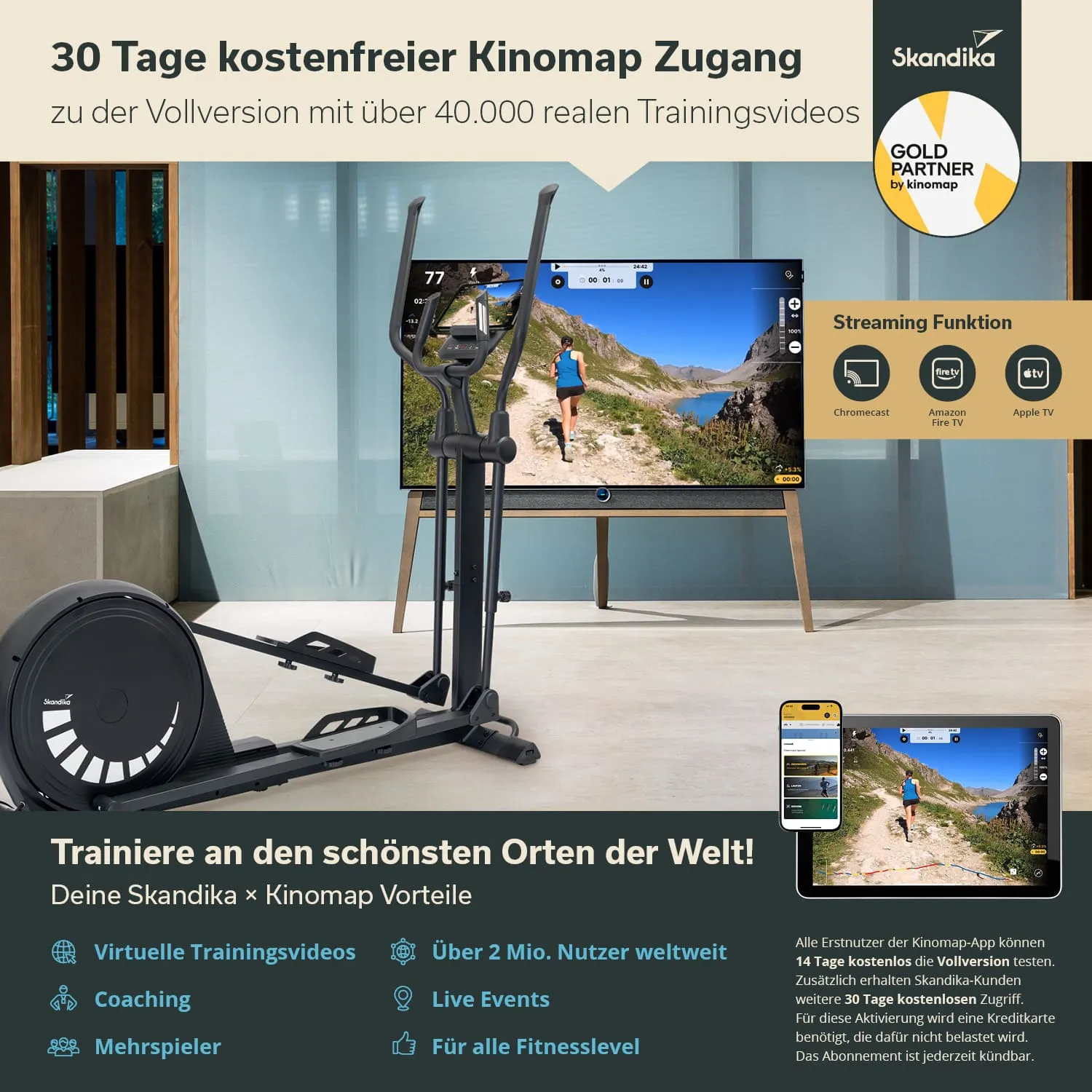 Ein Ellipsentrainer steht vor einem Fernseher, auf dem ein Trainingsvideo abgespielt wird. Im Vordergrund sind Informationen zu einem 60-tägigen Kinomap-Zugang angegeben.