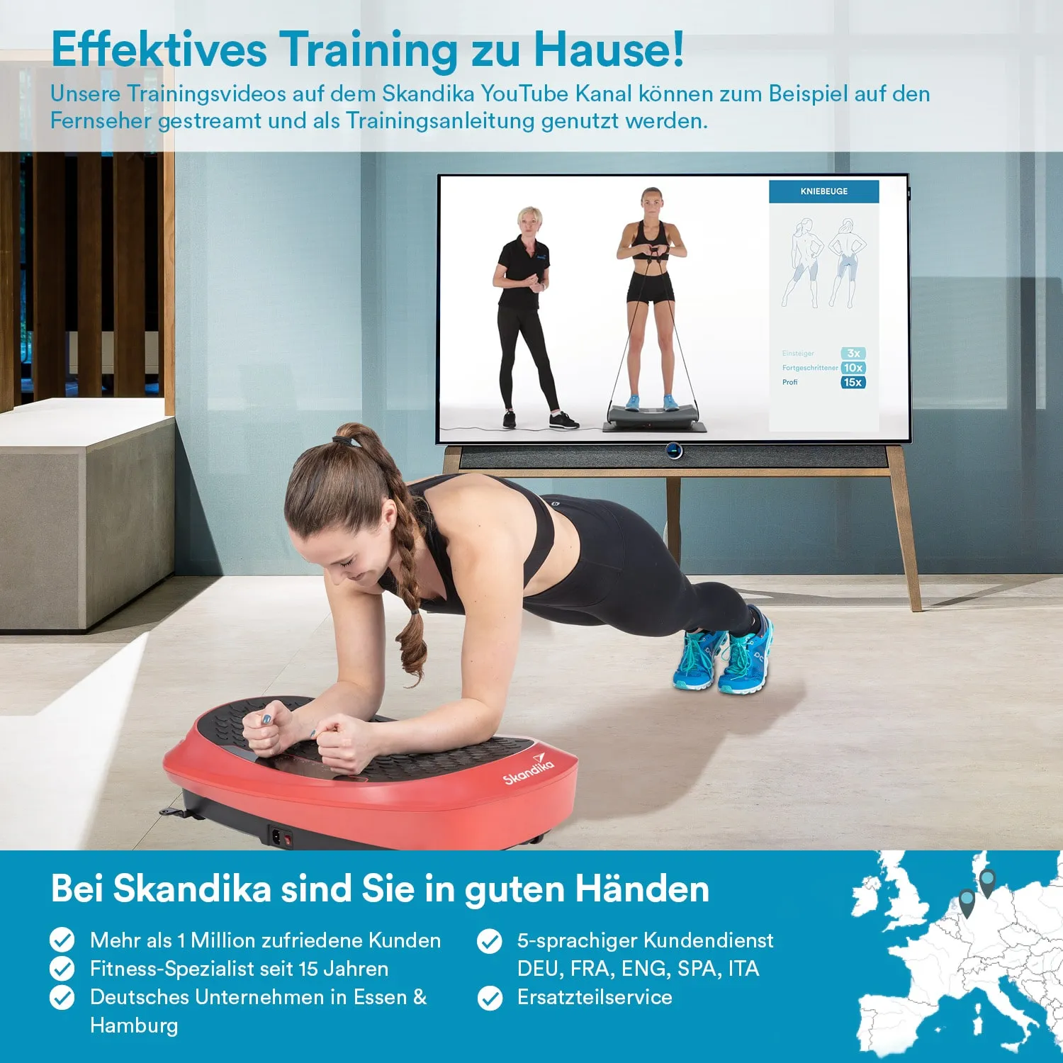 Person trägt Sportbekleidung und macht eine Plank-Übung auf einem Trainingsgerät. Im Hintergrund ein Fernseher mit Trainingsanleitung.