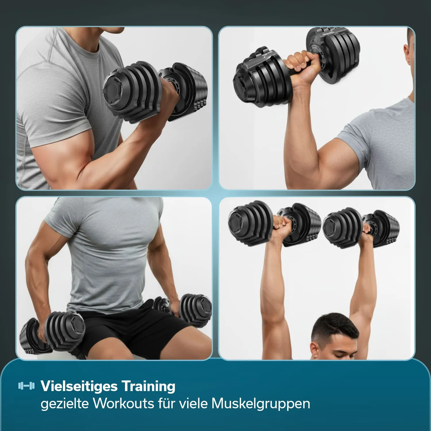 Verschiedene Übungen mit Kurzhanteln: Oberkörper- und Armtraining, jeweils mit unterschiedlichen Positionen und Haltungen.