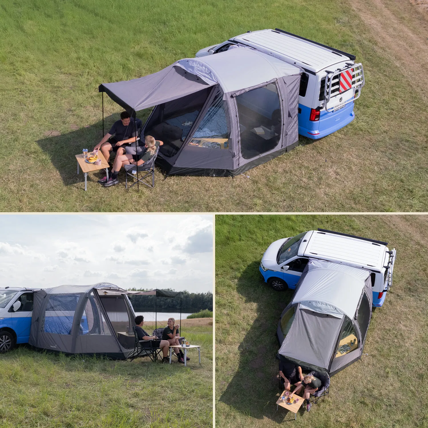 Zelt mit grauer Plane steht neben einem blauen Fahrzeug. Zwei Personen sitzen an einem Tisch mit Getränken und Essen. Grüne Wiese im Hintergrund.
