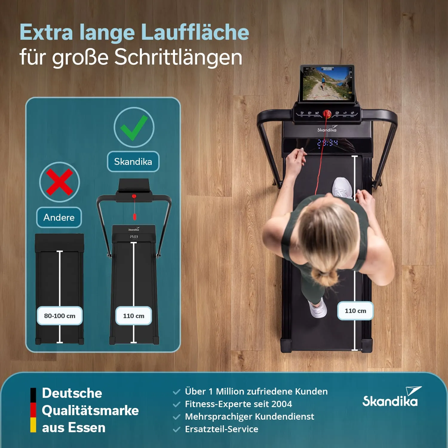 Laufband mit langer Lauffläche, Nutzerin steht darauf. Informationen zu Größe und Markenpositionierung im Vordergrund. Holzfußboden.