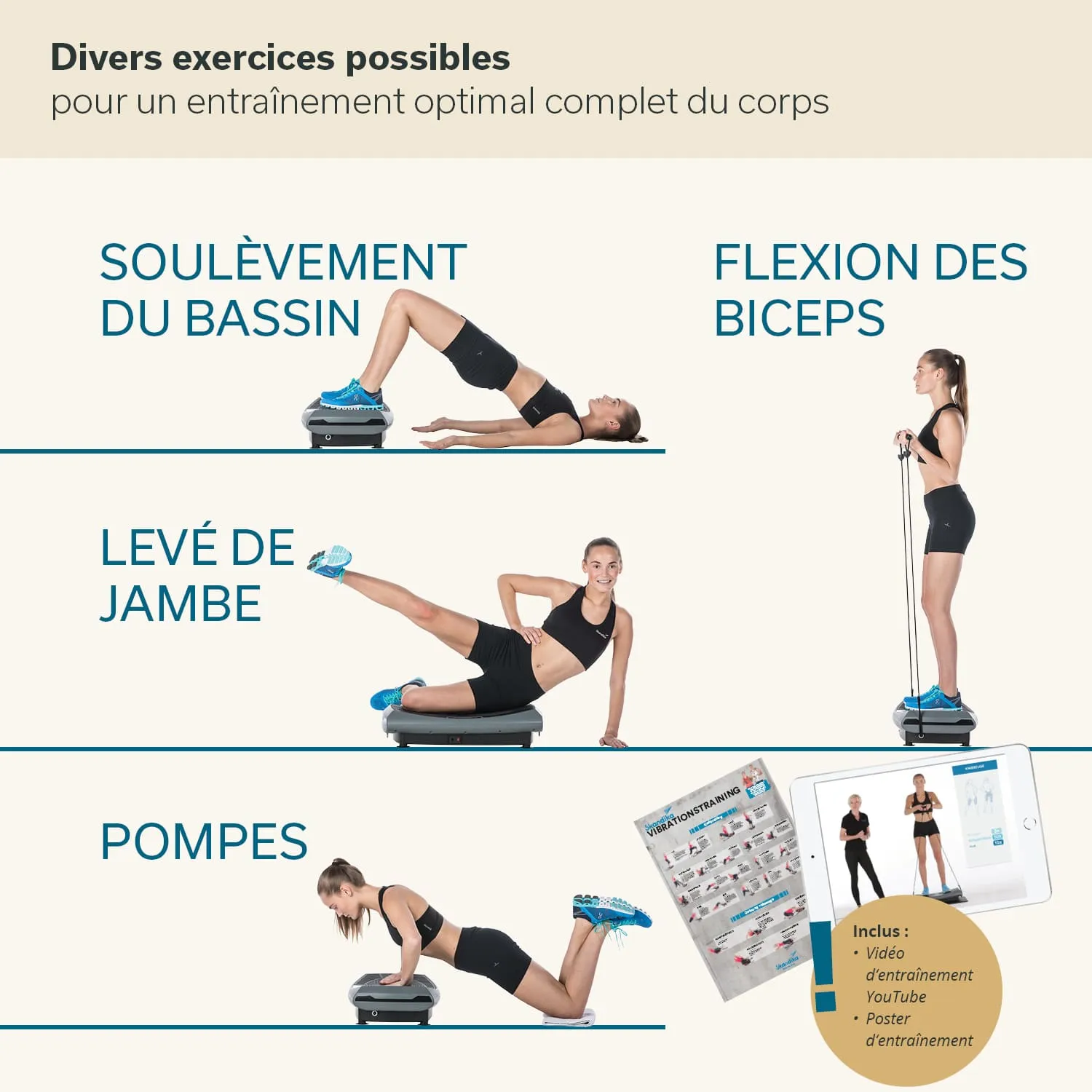 Vier Fitnessübungen werden gezeigt: Hüftheben, Bizeps-Curls, Beinheben und Liegestütze. Eine Person ist in jeder Übung abgebildet.