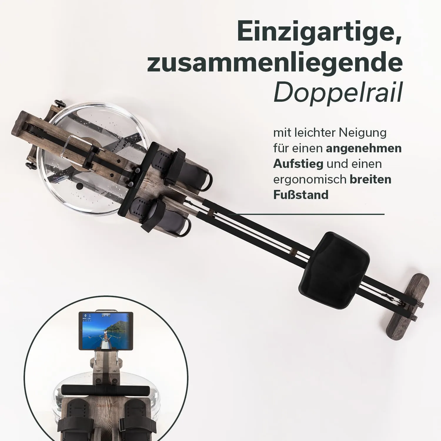 Rudergerät mit Holzdetails, Wassertank und Smartphone-Halterung. Abgebildet von oben, auf einem hellen Hintergrund.
