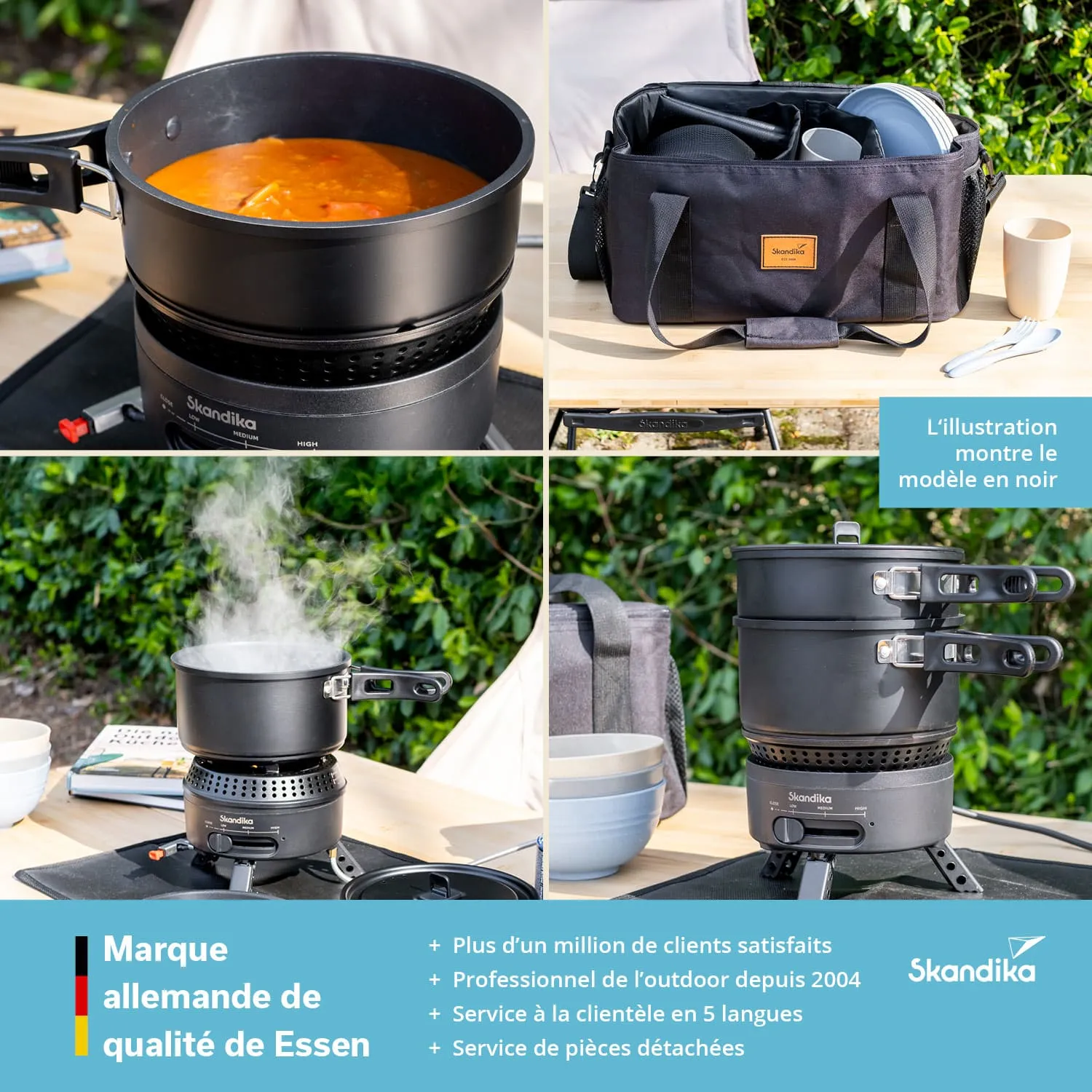 Ein Kochtopf mit Suppe auf einem Campingkocher, daneben eine Tasche mit Geschirr und eine dampfende Pfanne.
