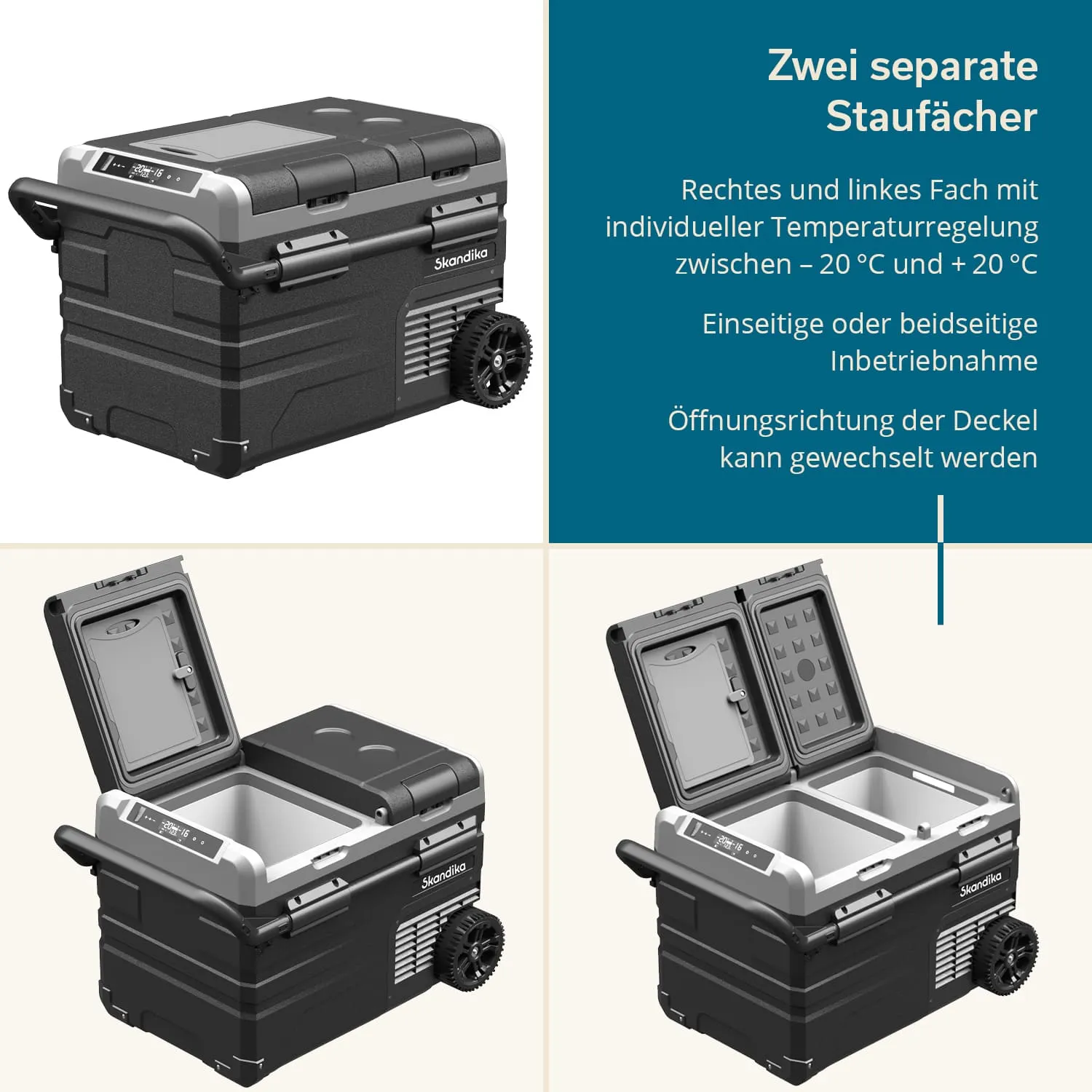 Kühlbox mit zwei separaten Staufächern, regulierbarer Temperatur, Rollen und Deckeln, die sich anpassen lassen.