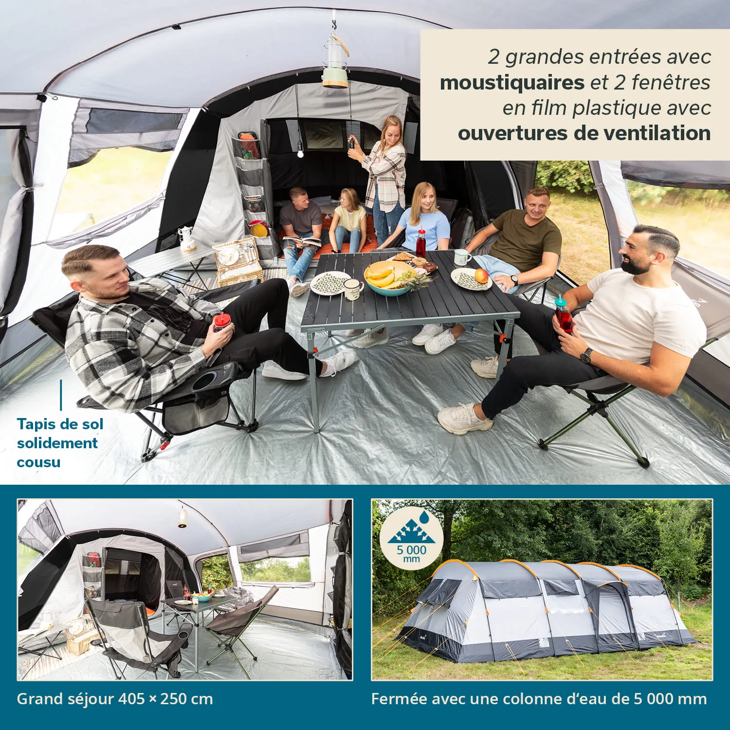 Zelt mit mehreren Personen, die um einen Tisch sitzen, im Inneren mit Bodenbelag und mehreren Fensteröffnungen.