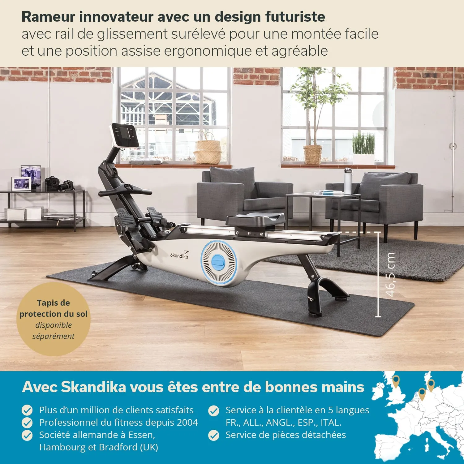Innovativer Ruderergometer mit futuristischem Design auf einem Teppich in einem hellen Raum mit Fenstern und Pflanzen.