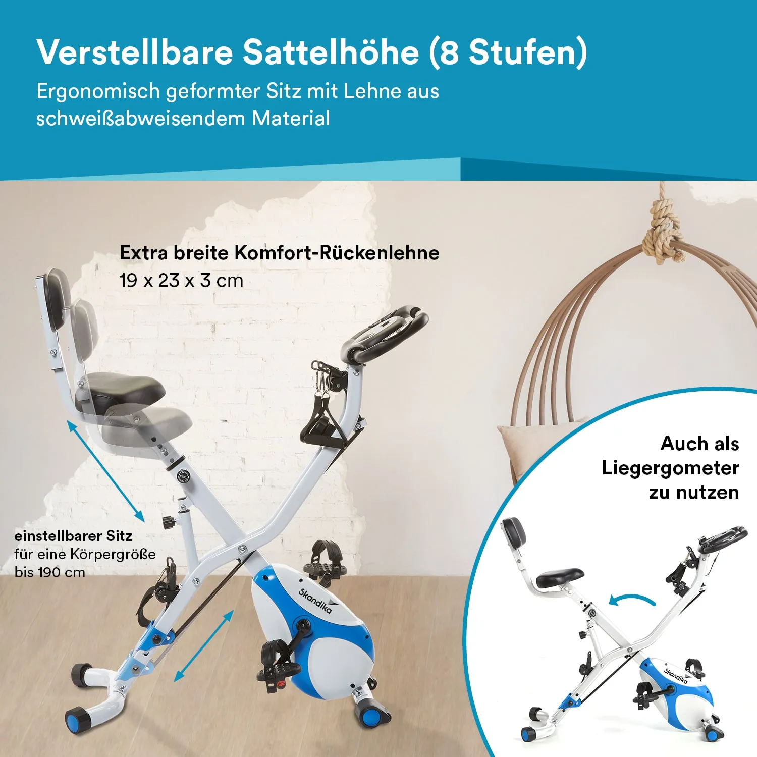 Fahrrad mit verstellbarer Sattelhöhe, ergonomischem Sitz und breiter Rückenlehne vor einer hellen Wand.