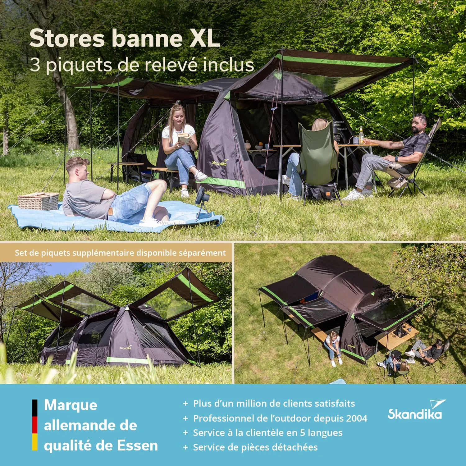 Ein Zelt mit zwei Erkern, umgeben von Gras. Drei Personen sitzen auf Campingstühlen oder Liegen. Ein Korb steht auf dem Boden.