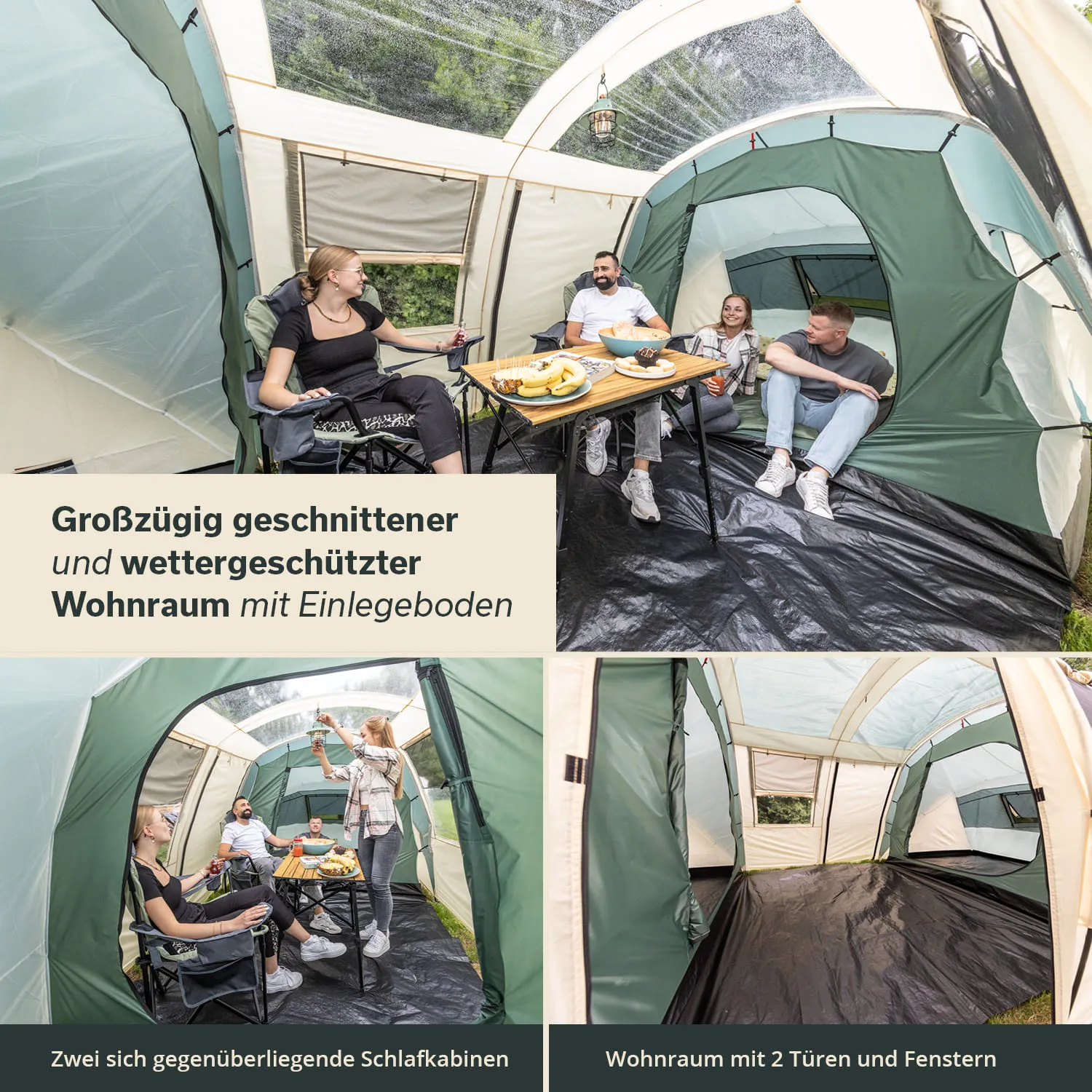 Das Bild zeigt einen großzügigen Zelt-Wohnraum mit Einlegeboden, ausgestattet mit zwei Klappstühlen und einem Tisch. Im Hintergrund sind zwei Schlafkabinen und Fenster erkennbar.
